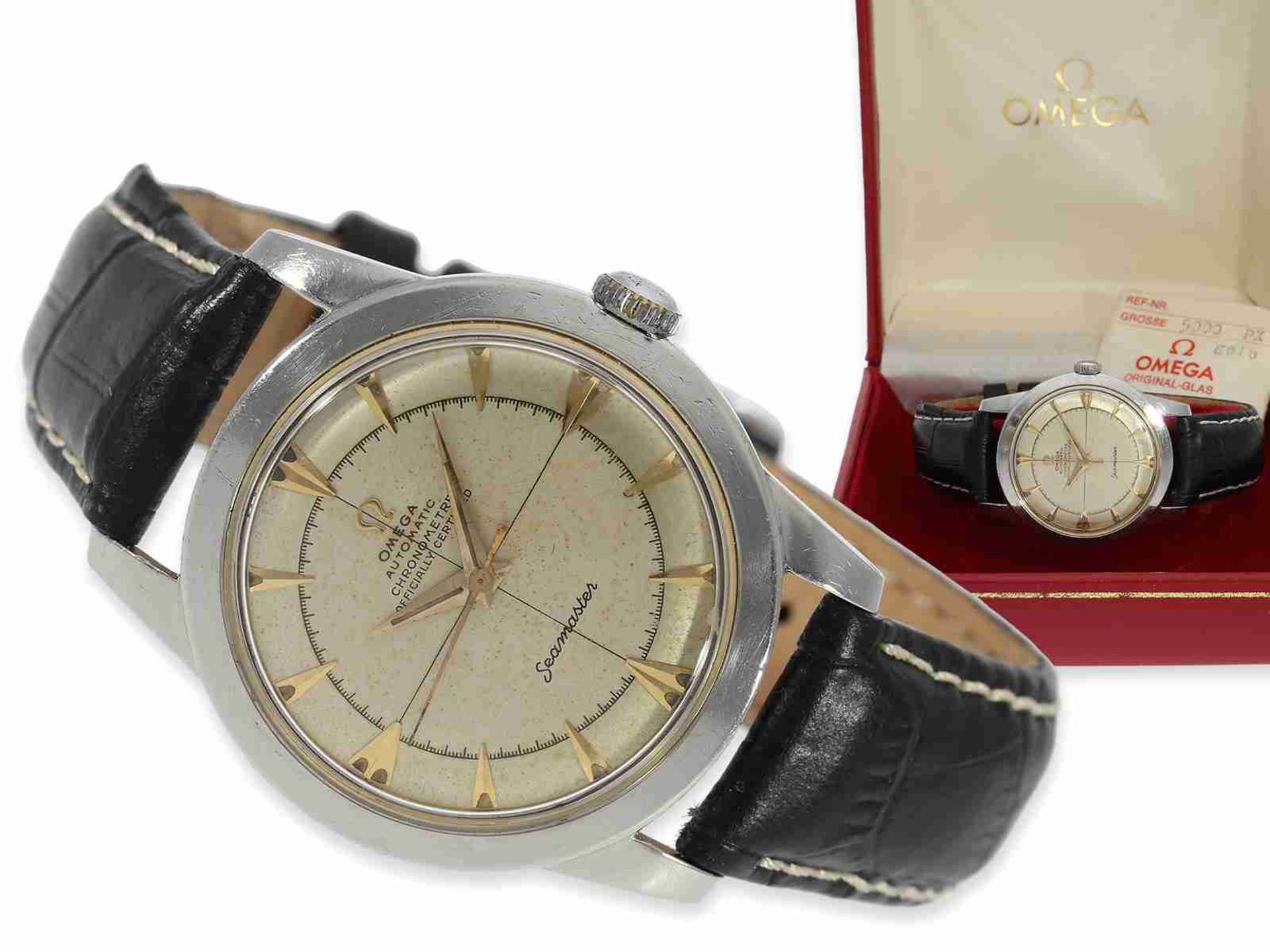 Armbanduhr: frühes, sehr seltenes Omega Automatikchronometer mit Sector-Zifferblatt, originales Chro