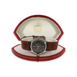 Armbanduhr: extrem rarer Cartier Stahl-Chronograph mit schwarzem Zifferblatt und Doppelsignatur Cart
