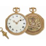 Taschenuhr: seltene, deutsche 4-Farben Louis XV-Goldspindeluhr mit Originalbox und originalem Goldsc