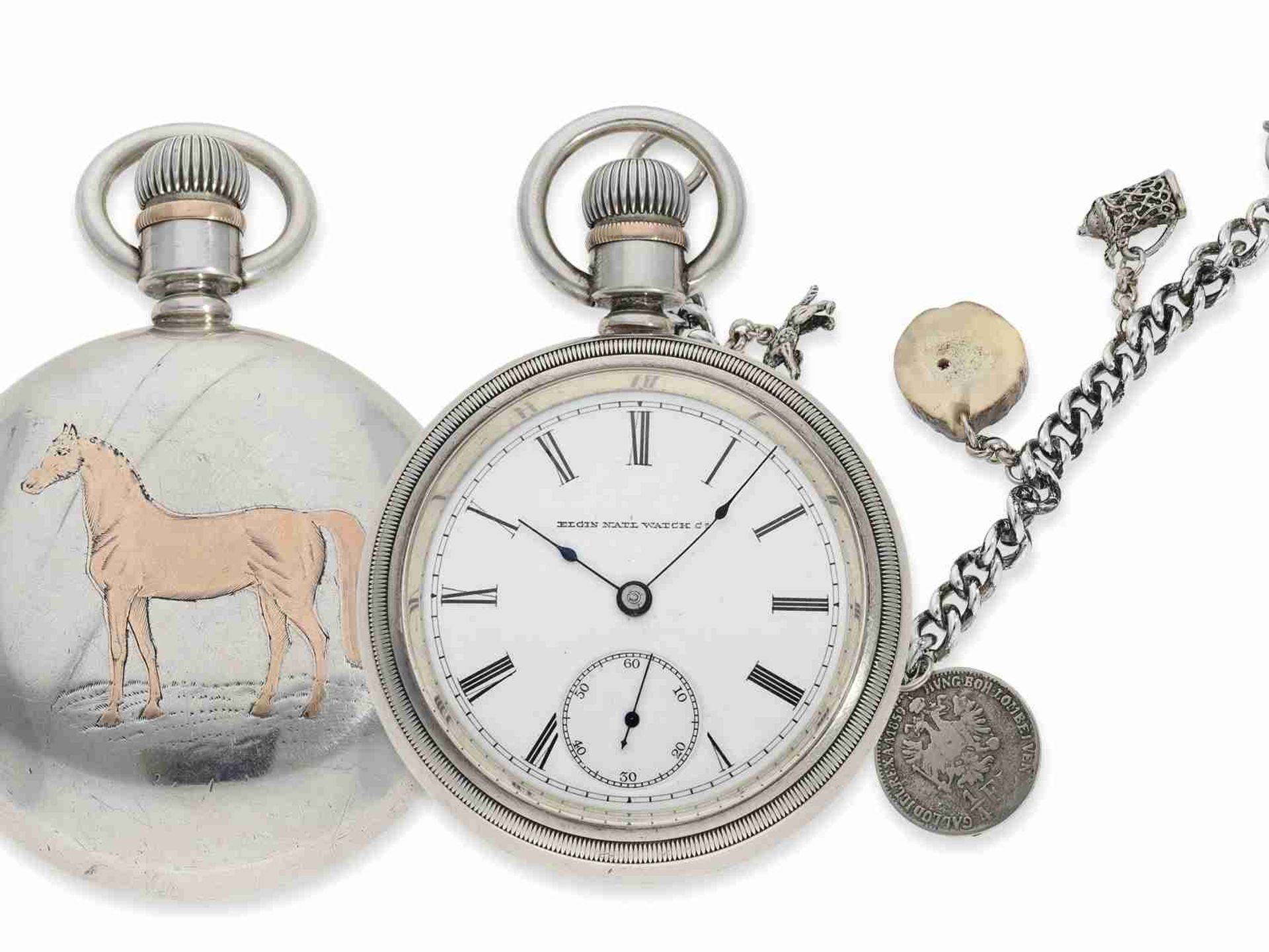 Taschenuhr: schwere amerikanische Taschenuhr mit Spezialgehäuse und silberner Charivari, Elgin Wheel