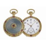 Taschenuhr: sehr hochwertige und ungewöhnliche Gold/Emaille-Damenuhr mit Rubinbesatz, Omega No.38525