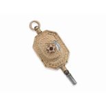 Uhrenschlüssel: musealer, goldener Spindeluhrenschlüssel mit manuellem Kalender, Frankreich ca.1780