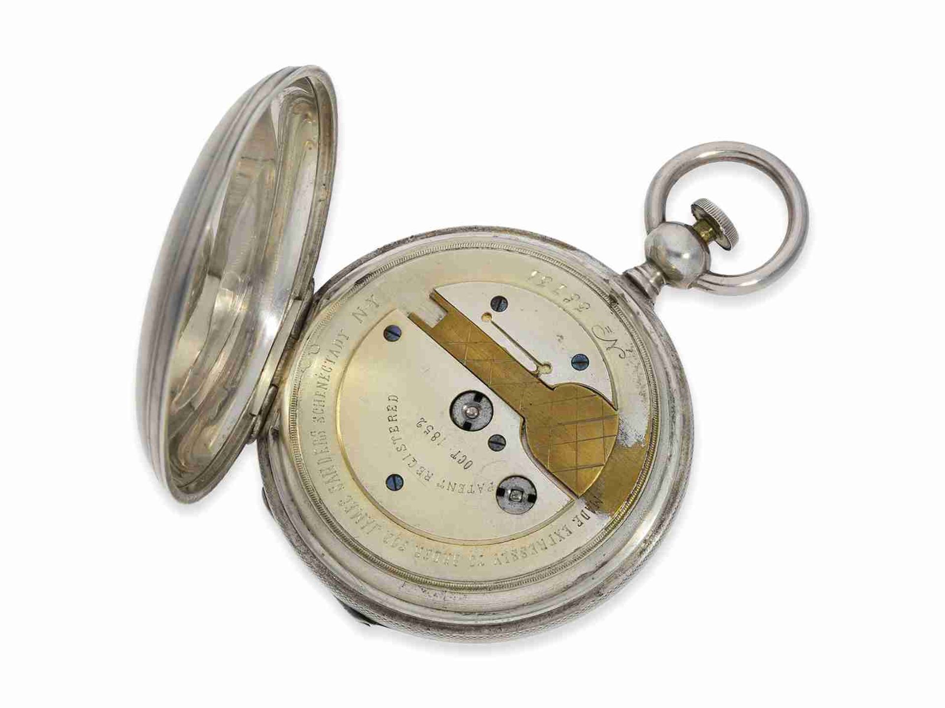 Taschenuhr: äußerst ungewöhnliche amerikanische Savonnette mit speziellem Aufzug nach Patent von 185 - Bild 4 aus 8