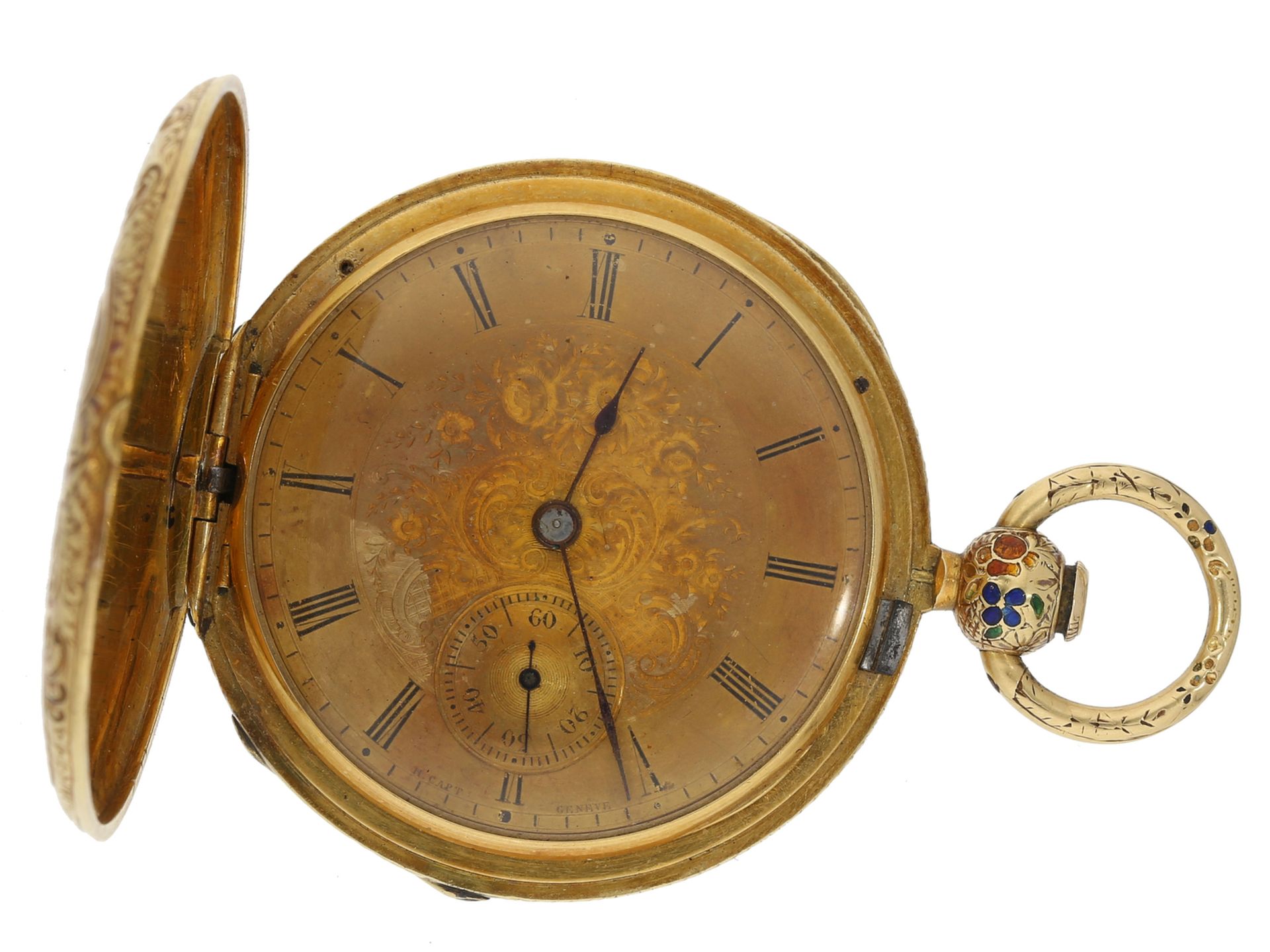 Taschenuhr: Rare Savonnette mit hochfeiner Emaillemalerei, Henry Capt-Aubert Geneve No. 10494, Genf  - Bild 3 aus 5