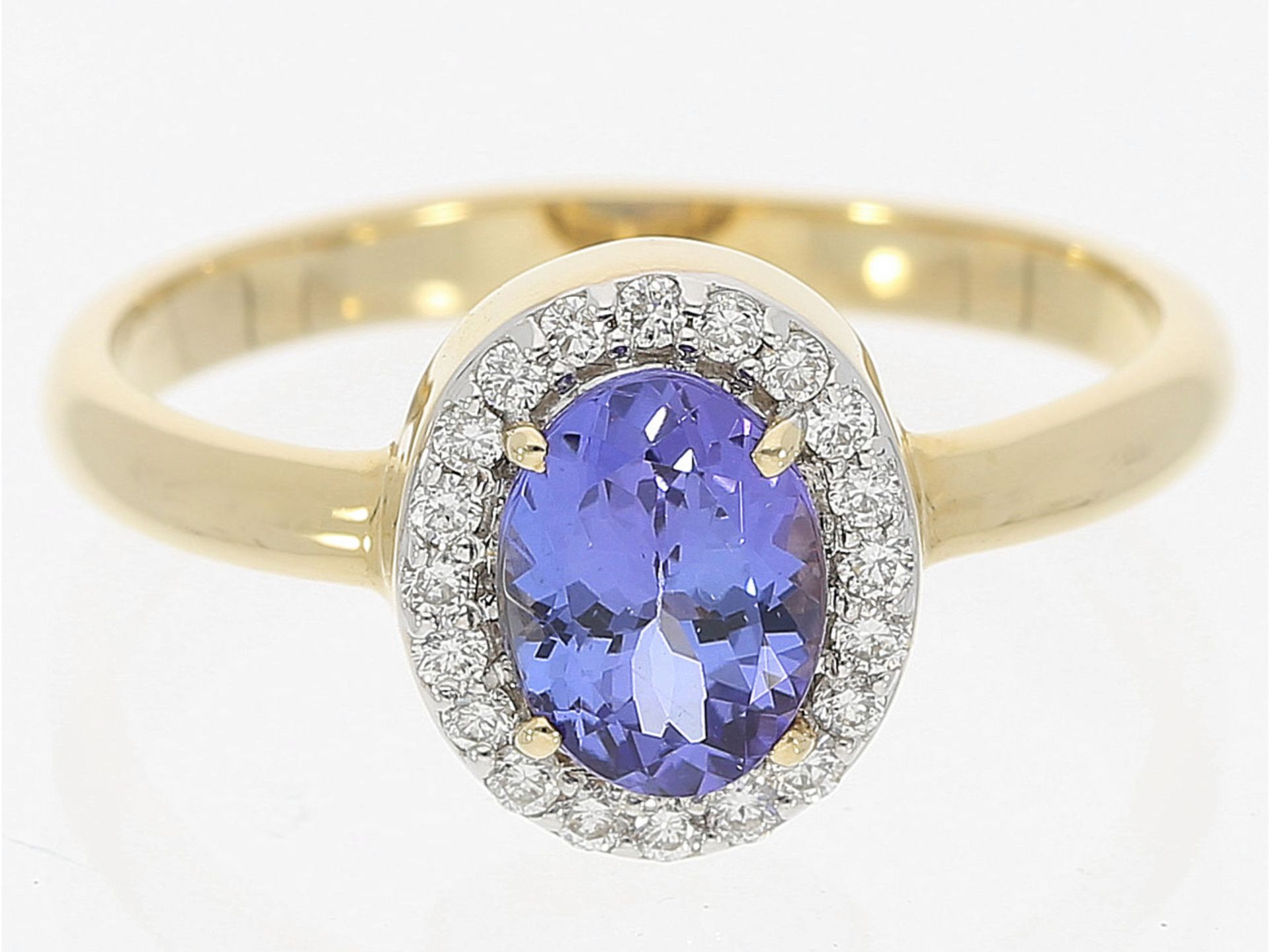 Ring: eleganter Tansanit/Brillant-Goldschmiedering