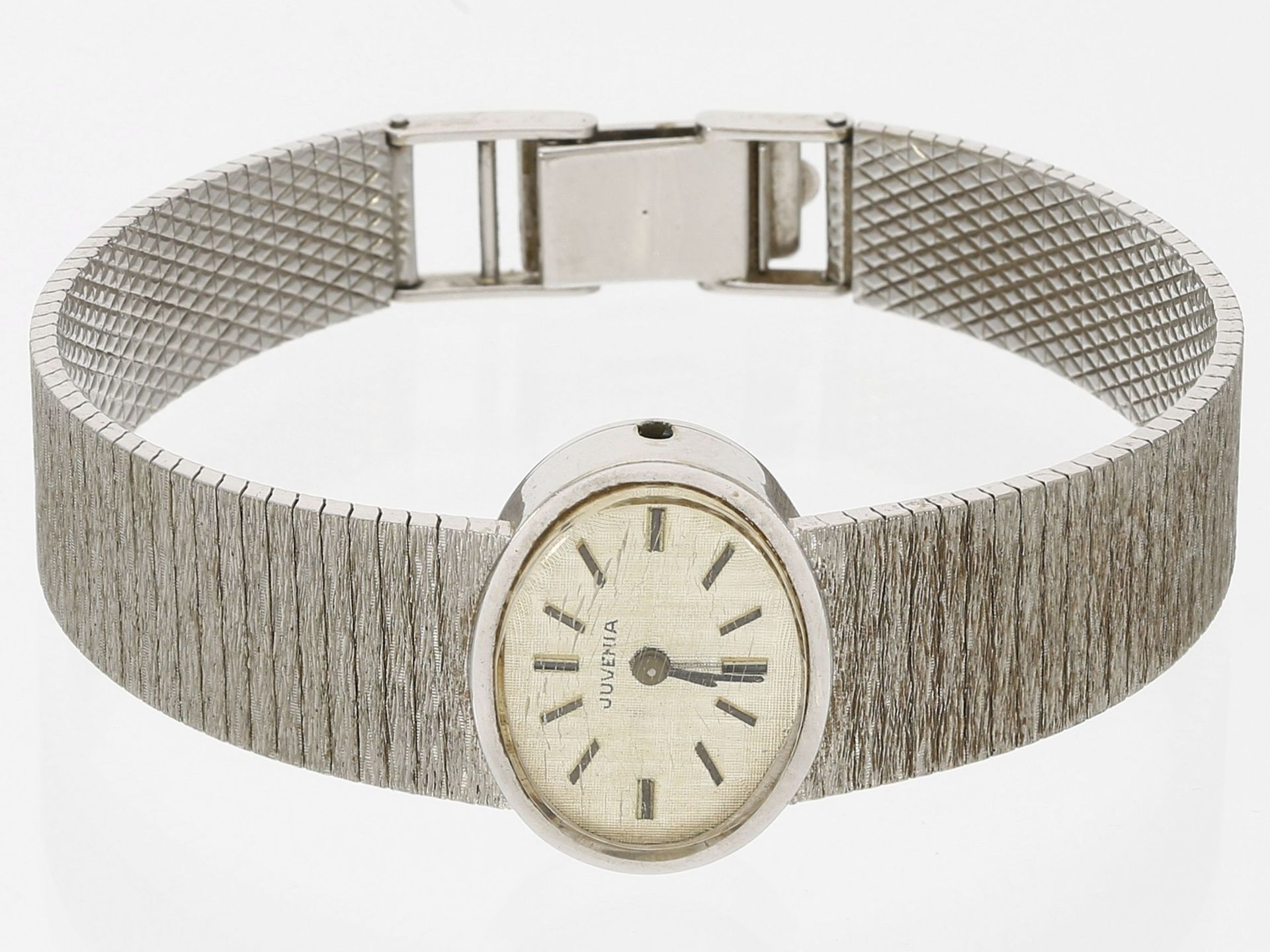 Armbanduhr: dekorative vintage Schmuckuhr von Juvenia, 18K Weißgold