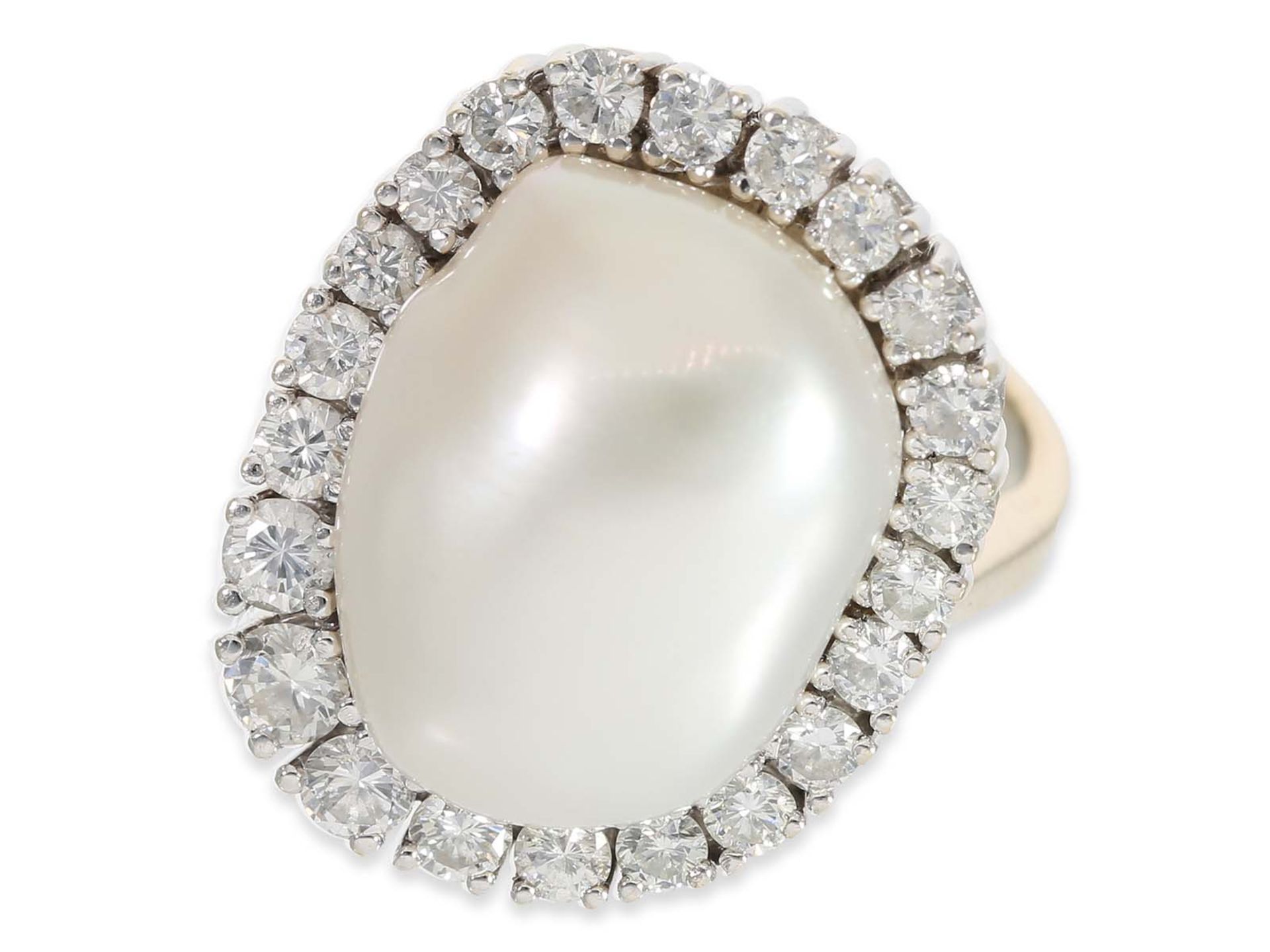 Ring: handmade diamond ring with large baroque cultured pearl, 14K gold