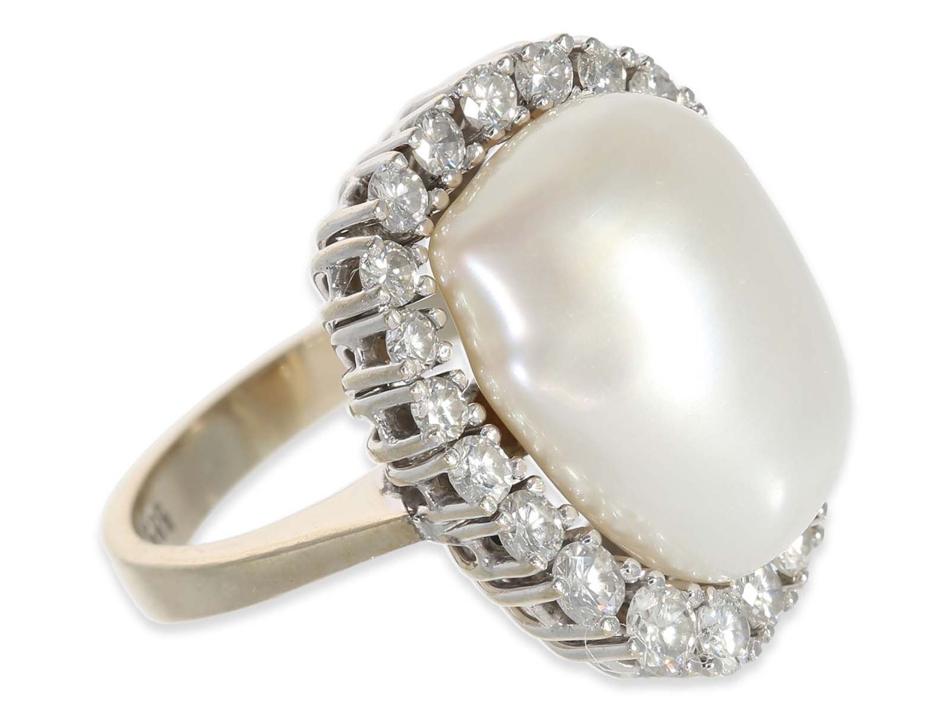Ring: handmade diamond ring with large baroque cultured pearl, 14K gold - Image 3 of 4