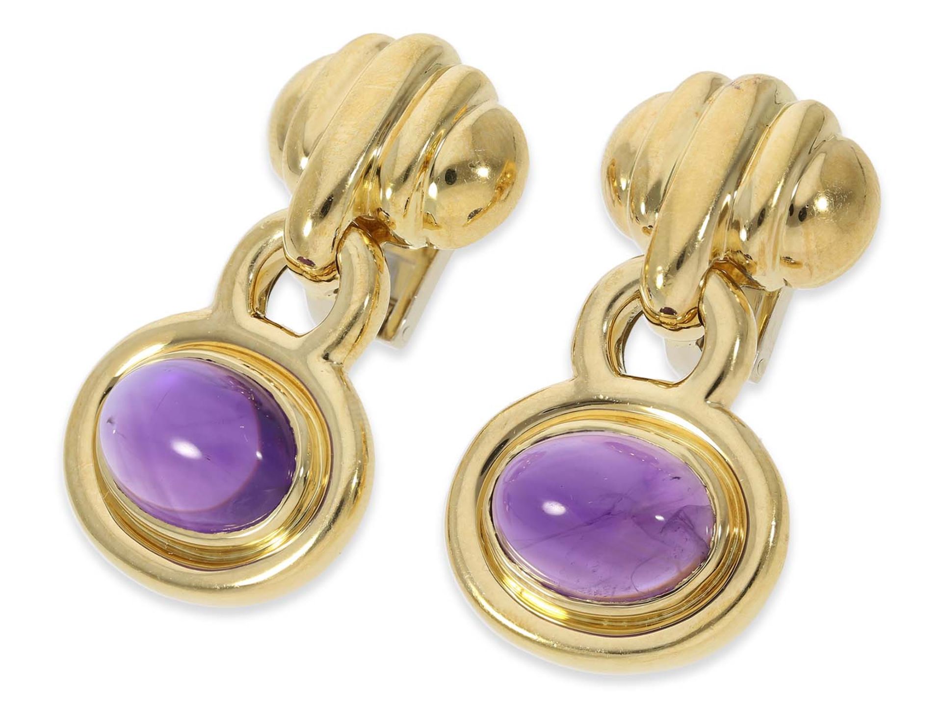 Earrings: high quality handmade ear clips with amethysts, together about 17,2ct, 18K gold