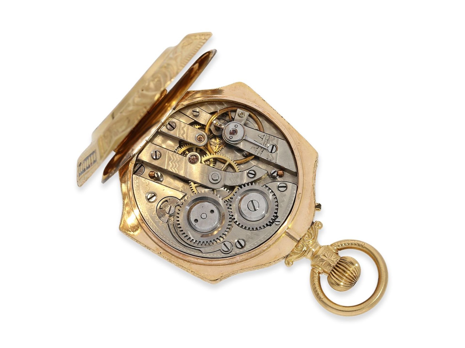 Taschenuhr/Formuhr: prächtige Gold/Emaille-Formuhr/Anhängeuhr mit goldener Miniatur-Chatelaine, Vach - Bild 4 aus 8