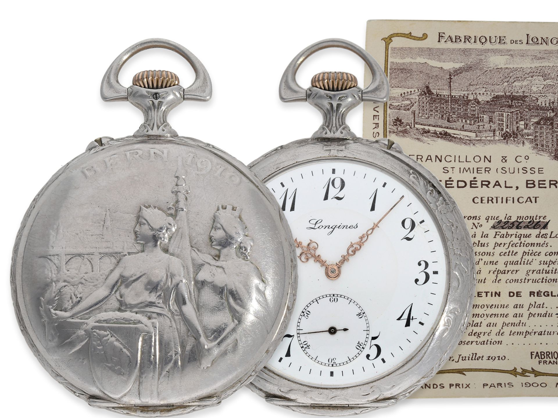 Taschenuhr: wunderschöne Longines Jugendstil-Schützenuhr, Bern 1910, mit Originalpapieren