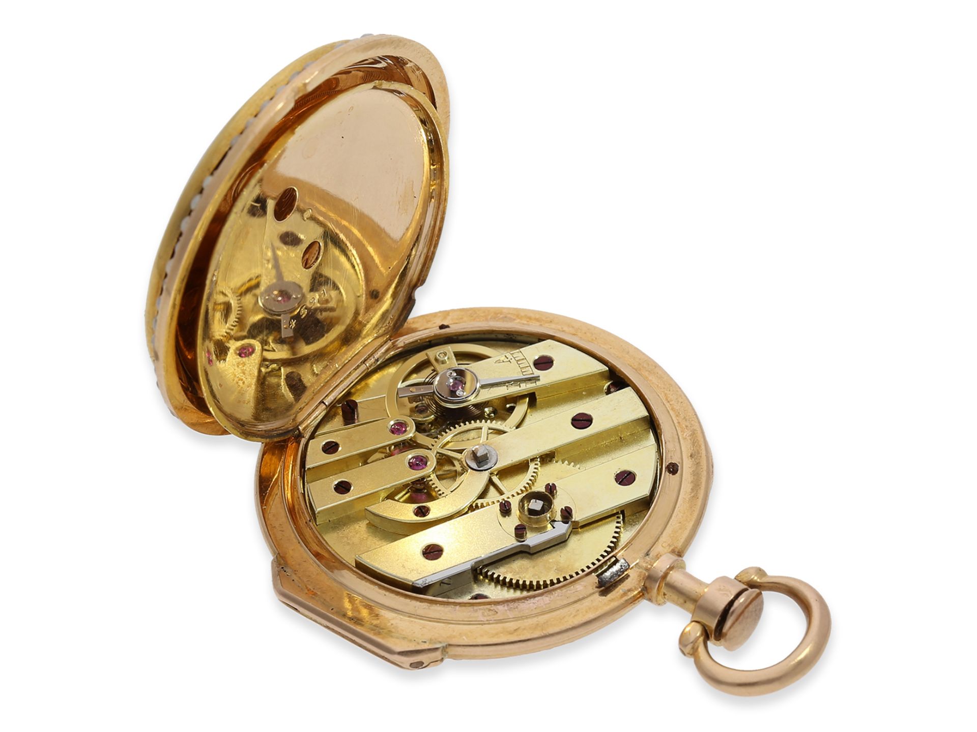 Taschenuhr: exquisite "Louis XV" Gold/Emaille-Spindeluhr mit Perlenbesatz, fantastische Qualität, kö - Bild 5 aus 6