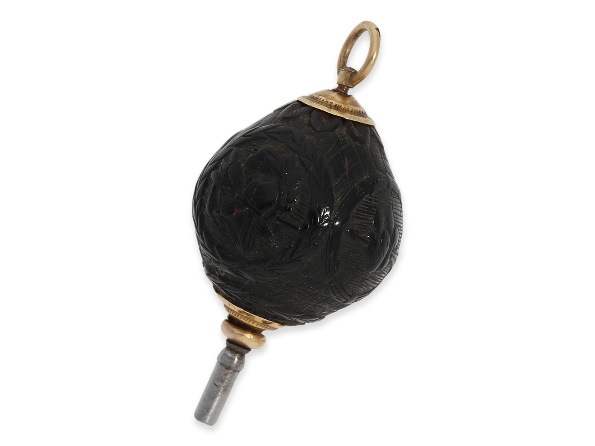 Uhrenschlüssel: äußerst seltener, goldener Spindeluhrenschlüssel mit aufwändiger Schnitzerei, Tagua- - Bild 2 aus 2