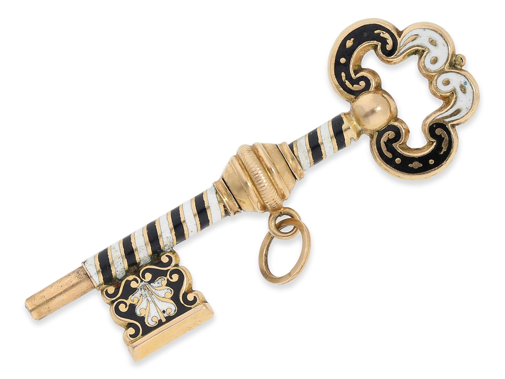 Uhrenschlüssel: außergewöhnlich großer und prunkvoller Gold/Emaille-Spindeluhrenschlüssel in Schlüss