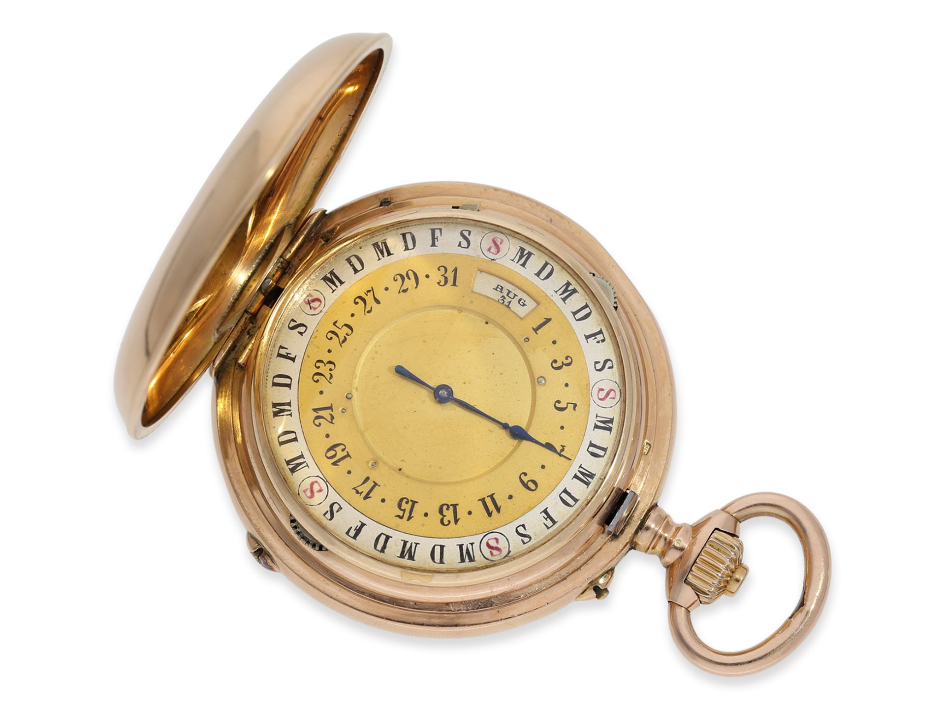Taschenuhr: extrem seltene astronomische Kalender-Uhr mit elektrischer Alarmfunktion "avertisseur el - Bild 2 aus 6