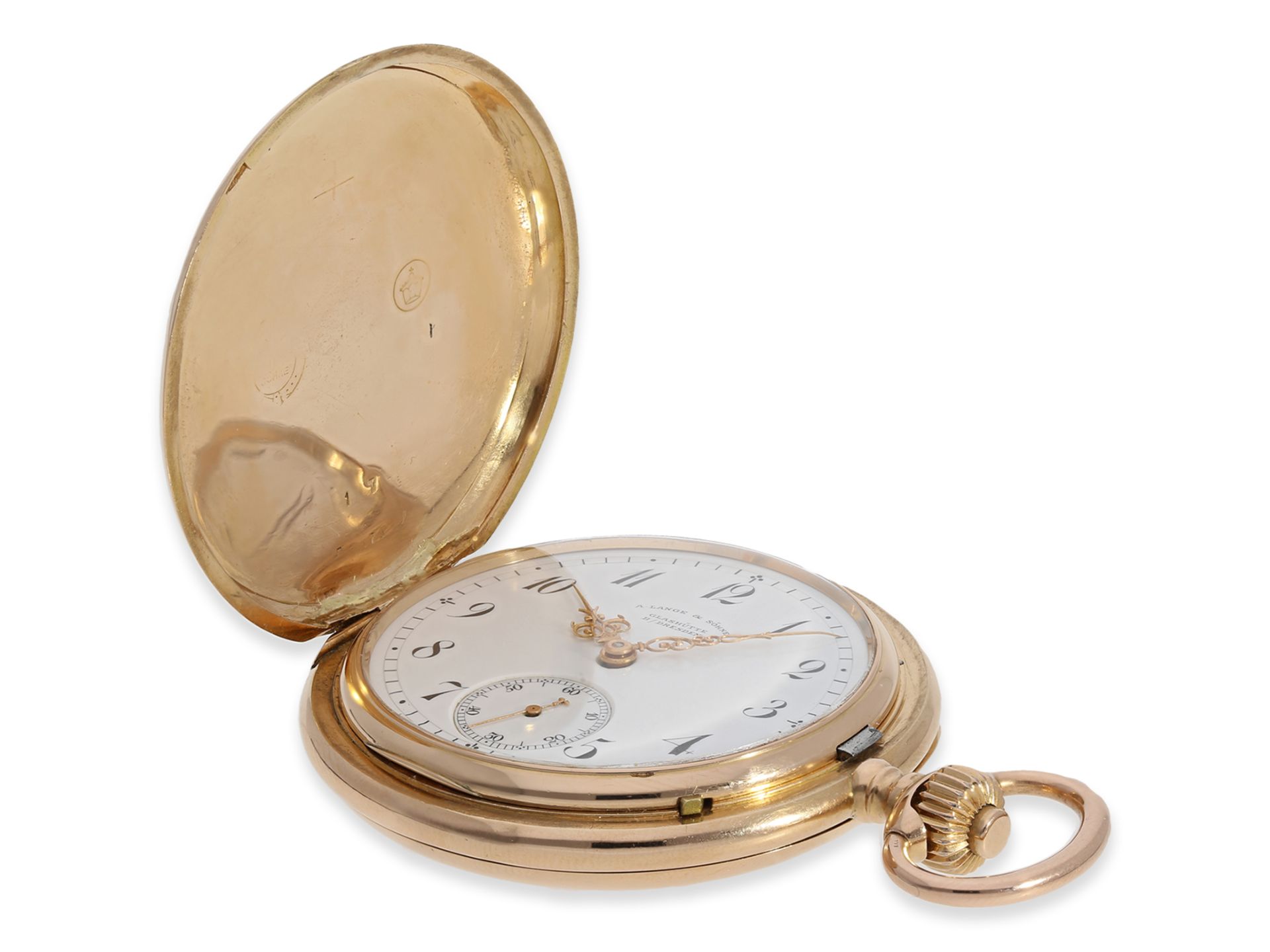Taschenuhr: rotgoldene Glashütter Savonnette mit hochwertiger rotgoldener Uhrenkette, A. Lange & Söh - Bild 5 aus 10