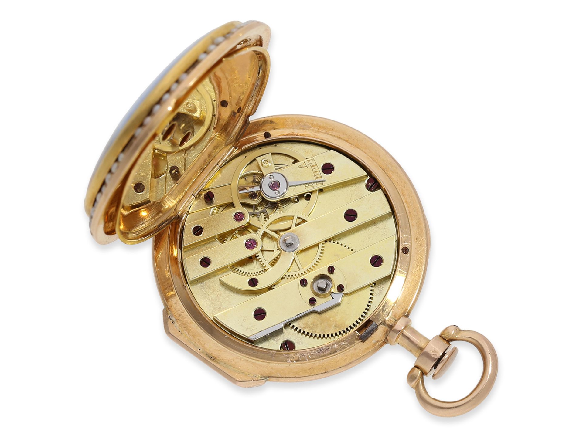 Taschenuhr: exquisite "Louis XV" Gold/Emaille-Spindeluhr mit Perlenbesatz, fantastische Qualität, kö - Bild 3 aus 6