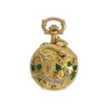 Taschenuhr/Anhängeuhr: Rarität, Art Nouveau Miniatur Gold/Emaille-Savonnette mit Diamantbesatz "Drag