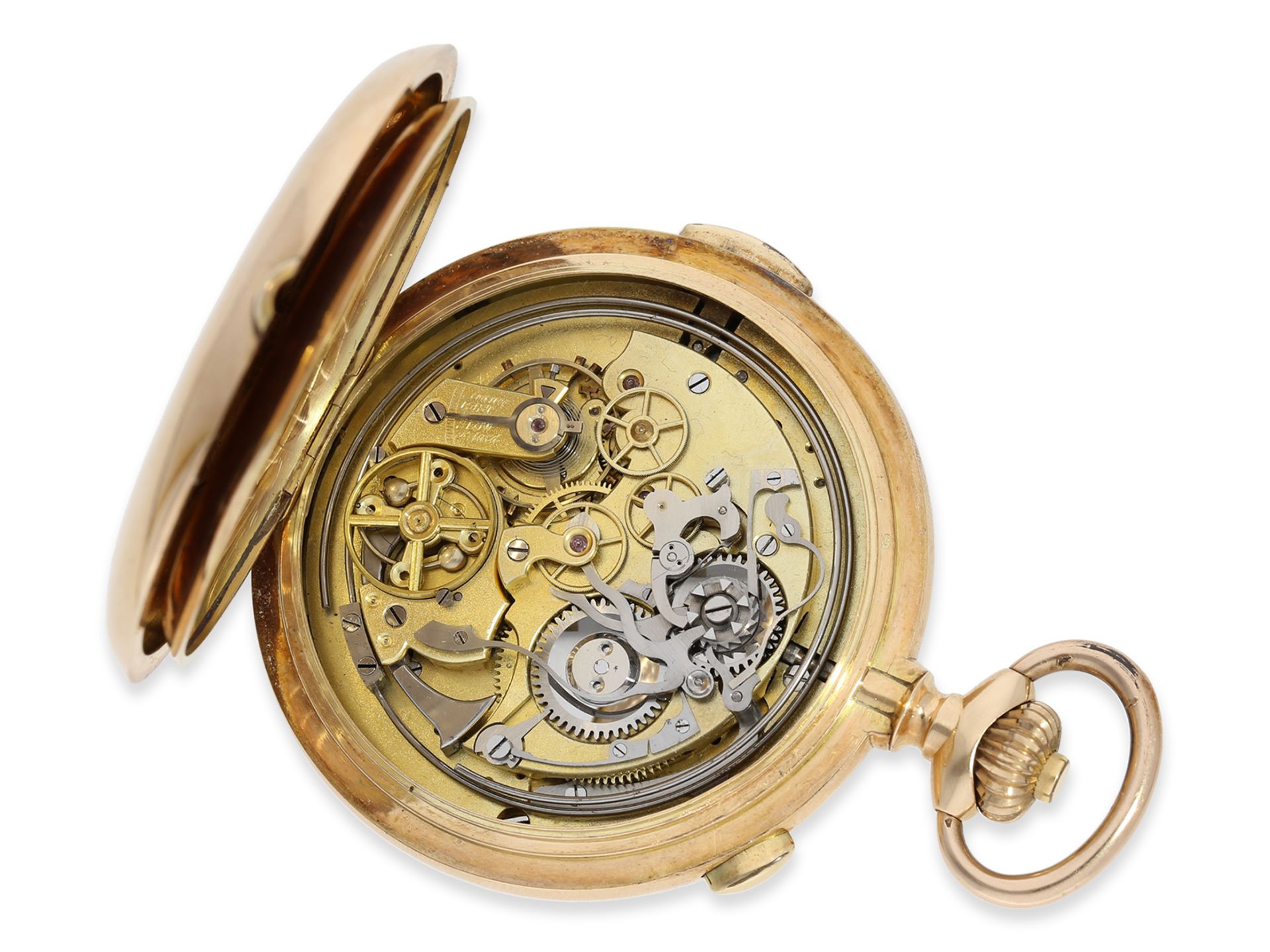 Pocket watch: impressive gold hunting case watch with repeater and chronograph, Audemars Freres Gene - Image 3 of 8
