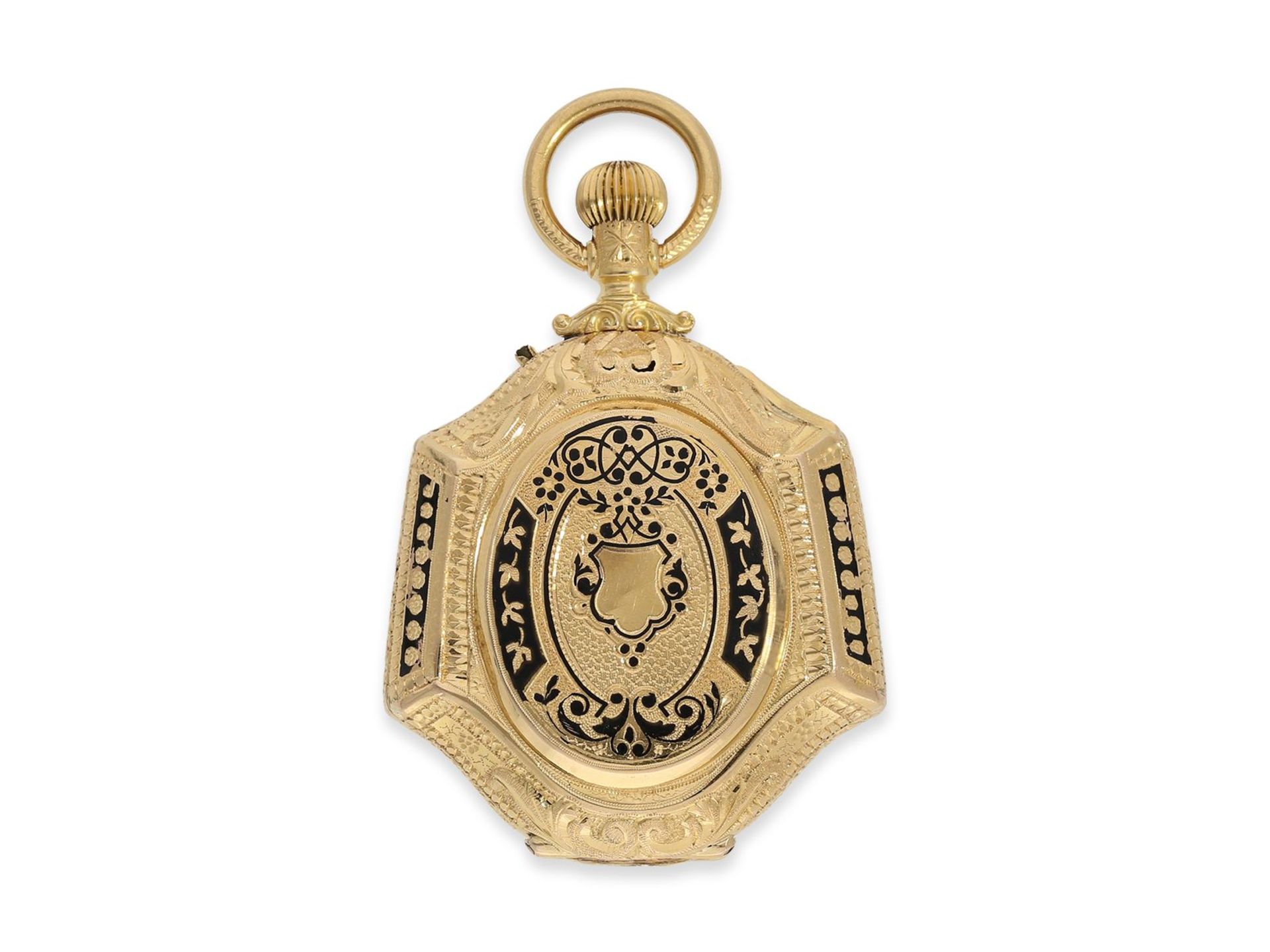 Taschenuhr/Formuhr: prächtige Gold/Emaille-Formuhr/Anhängeuhr mit goldener Miniatur-Chatelaine, Vach - Bild 3 aus 8