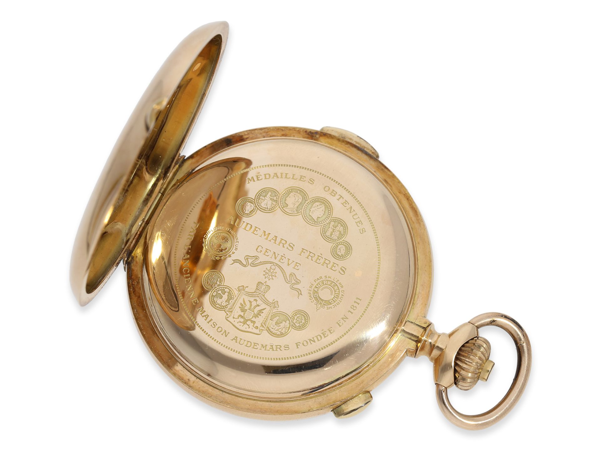 Pocket watch: impressive gold hunting case watch with repeater and chronograph, Audemars Freres Gene - Image 2 of 8