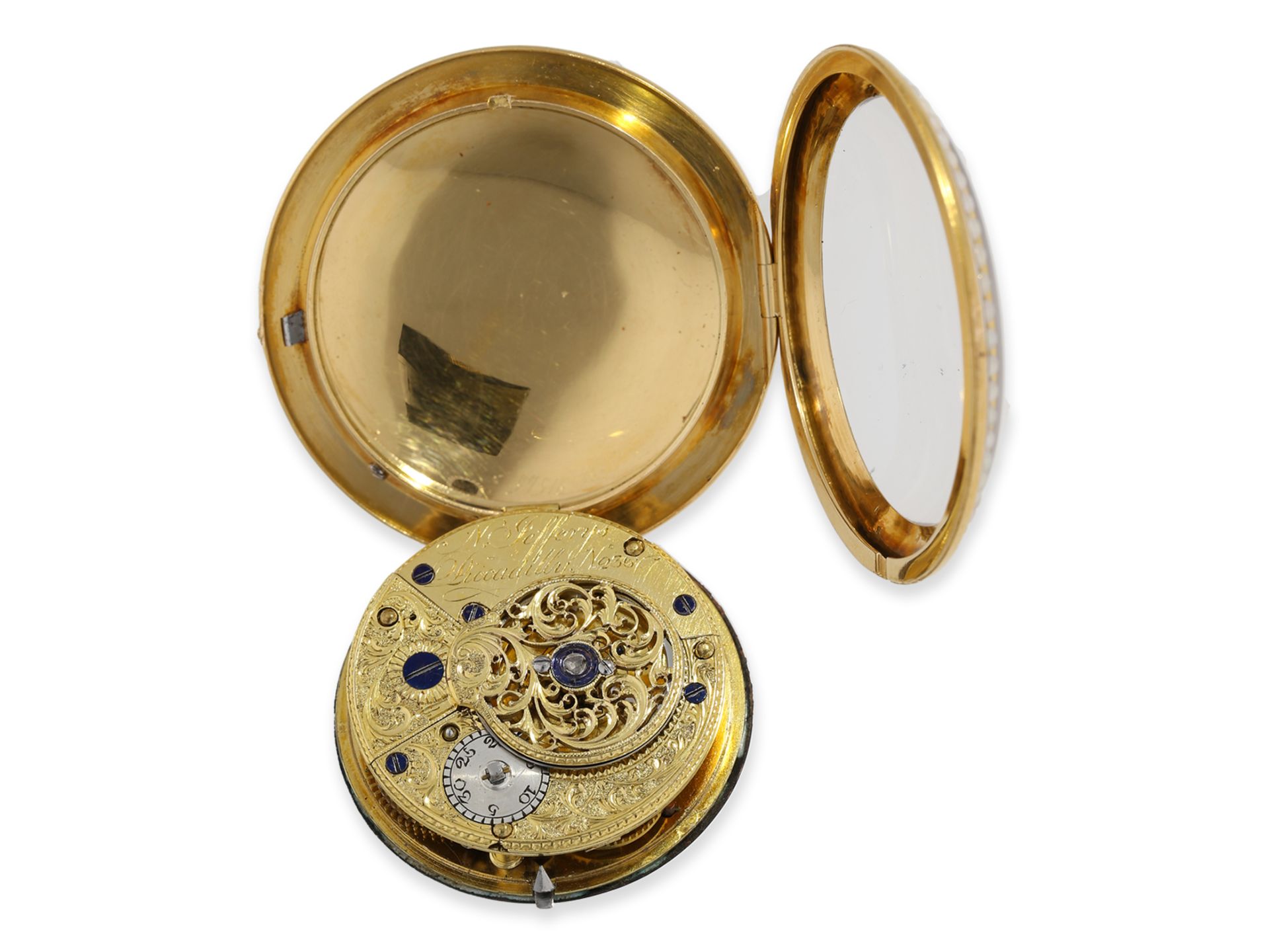 Taschenuhr: exquisite englische Gold/Emaille-Spindeluhr mit Perlenbesatz und wertvoller Gold/Emaille - Bild 4 aus 5