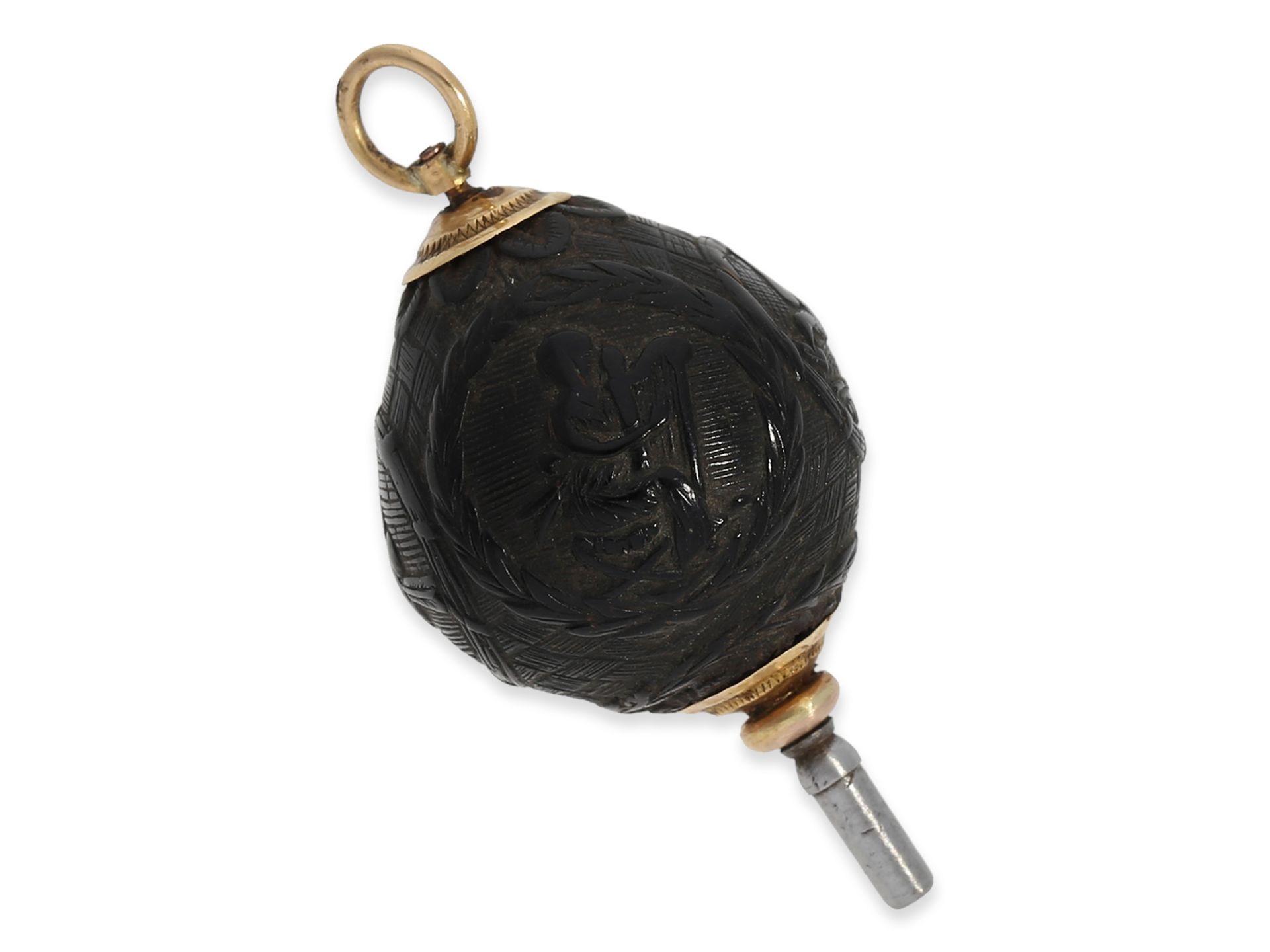 Uhrenschlüssel: äußerst seltener, goldener Spindeluhrenschlüssel mit aufwändiger Schnitzerei, Tagua-