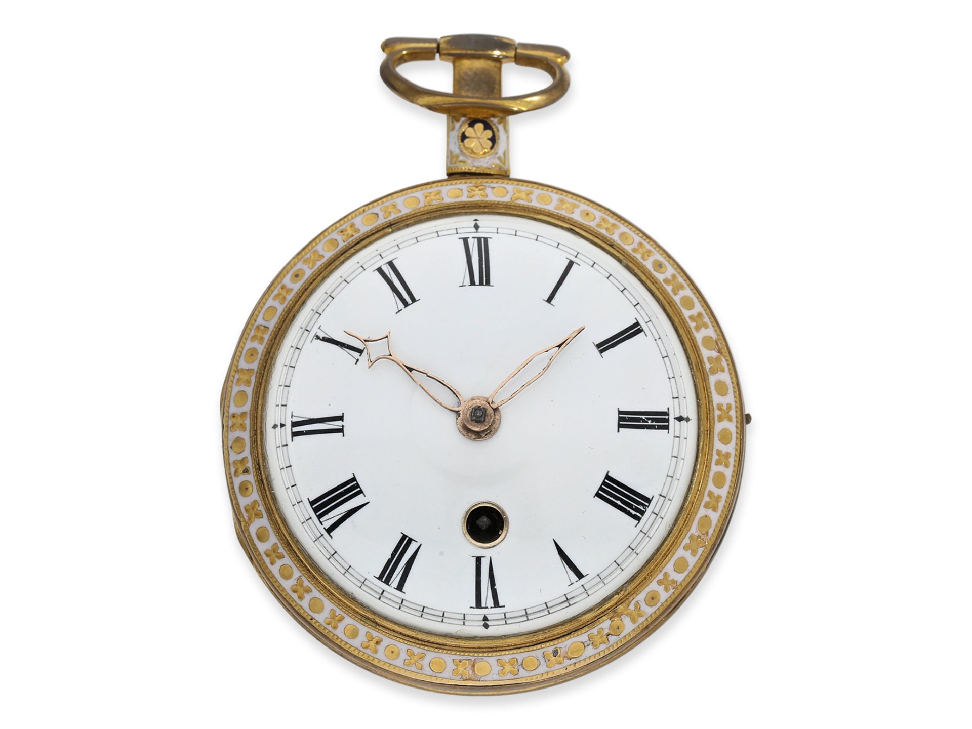 Taschenuhr: äußerst attraktive, große englische Spindeluhr mit Emaille-Gehäuse, ca. 1810 - Bild 2 aus 3