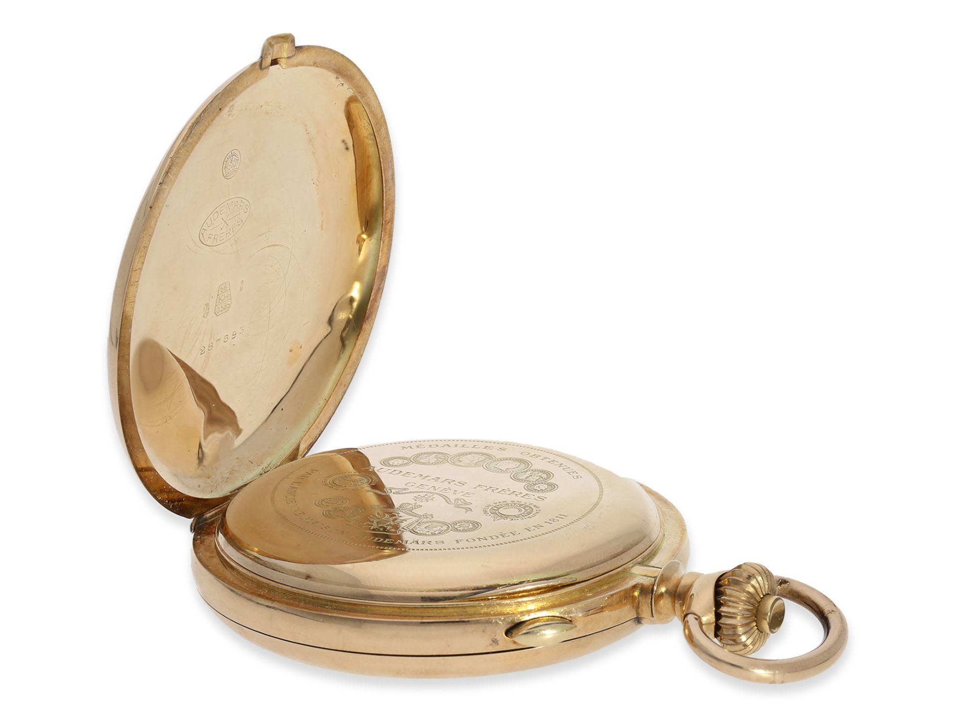 Pocket watch: impressive gold hunting case watch with repeater and chronograph, Audemars Freres Gene - Image 5 of 8