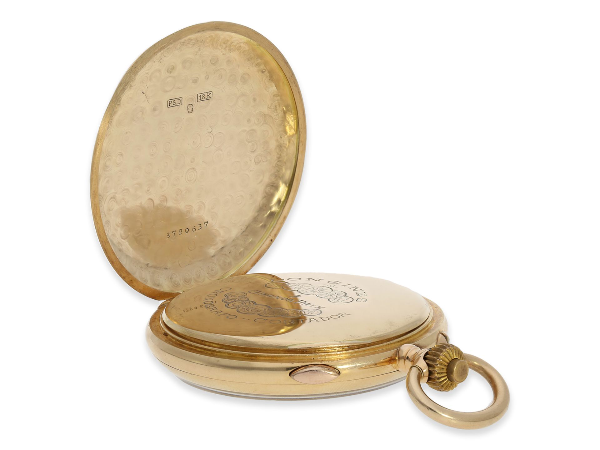 Taschenuhr: außergewöhnlich großer, hochwertiger Longines Chronograph Rattrapante mit Zähler, ca.192 - Bild 5 aus 6