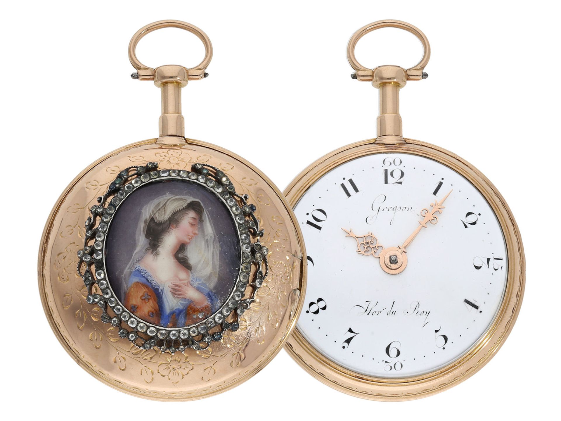Taschenuhr: außergewöhnliche Taschenuhr mit Emaille-Malerei, Königlicher Uhrmacher Gregson Paris, No