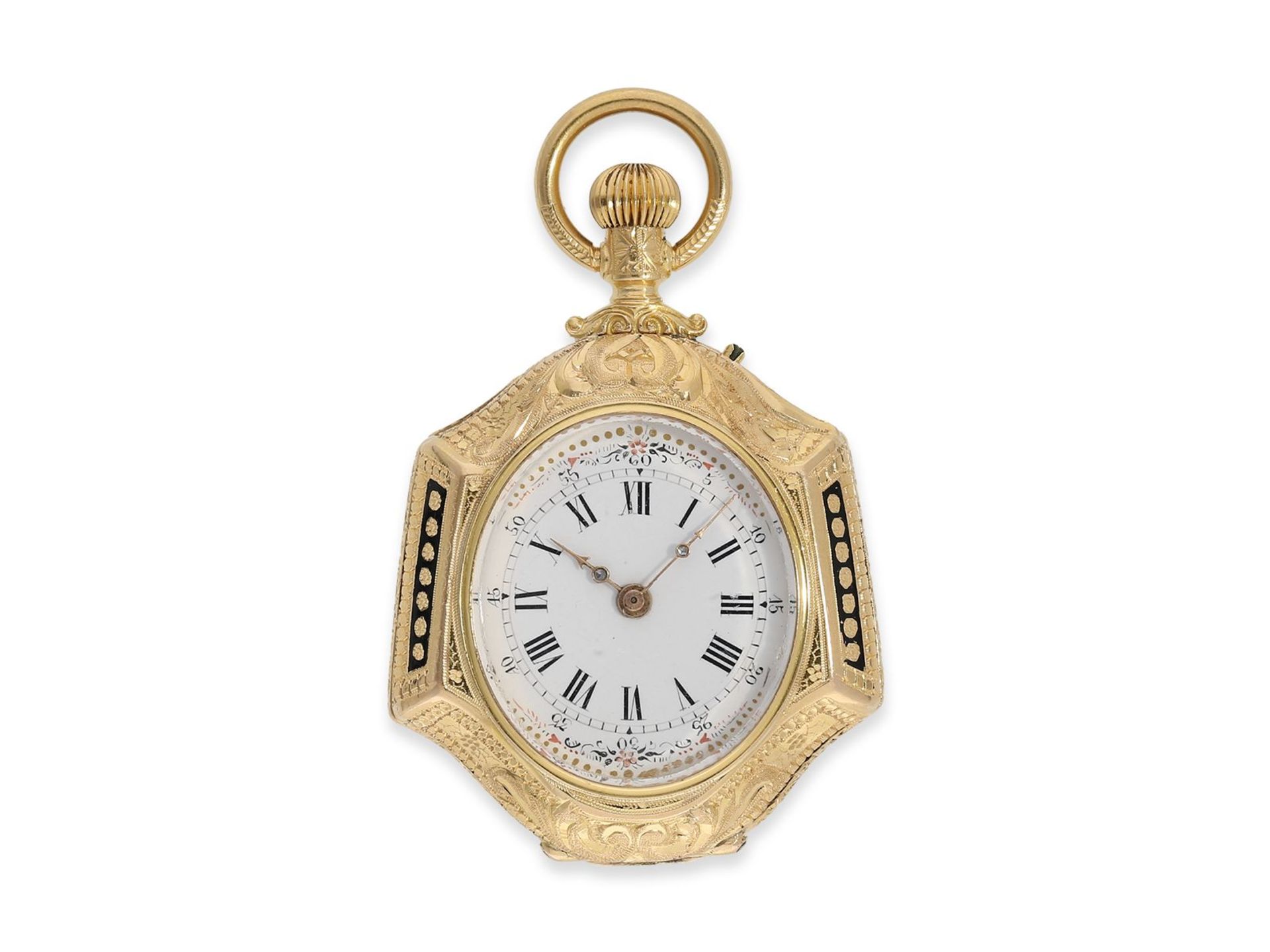 Taschenuhr/Formuhr: prächtige Gold/Emaille-Formuhr/Anhängeuhr mit goldener Miniatur-Chatelaine, Vach - Bild 2 aus 8