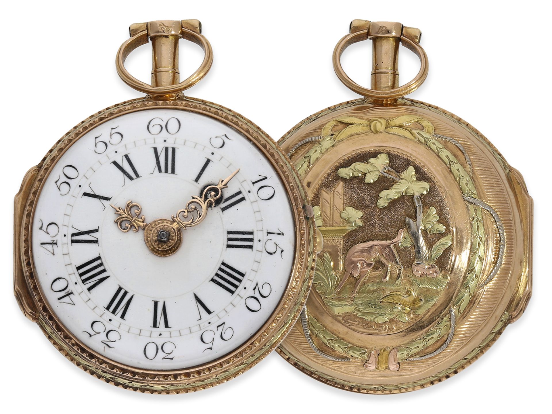 Taschenuhr: feine Louis XV Damenuhr mit 3-farbigem Reliefgehäuse, Frankreich ca. 1780