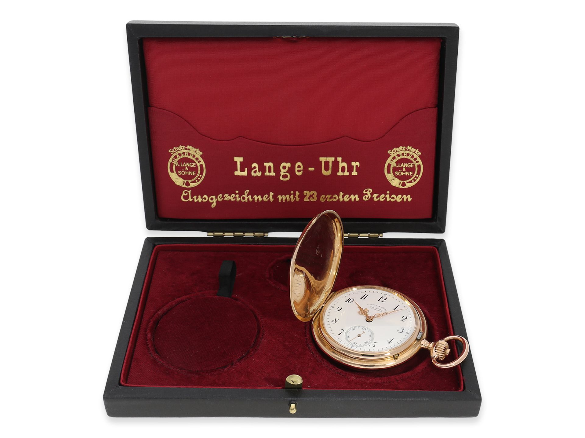 Taschenuhr: rotgoldene Glashütter Savonnette mit hochwertiger rotgoldener Uhrenkette, A. Lange & Söh - Bild 9 aus 10