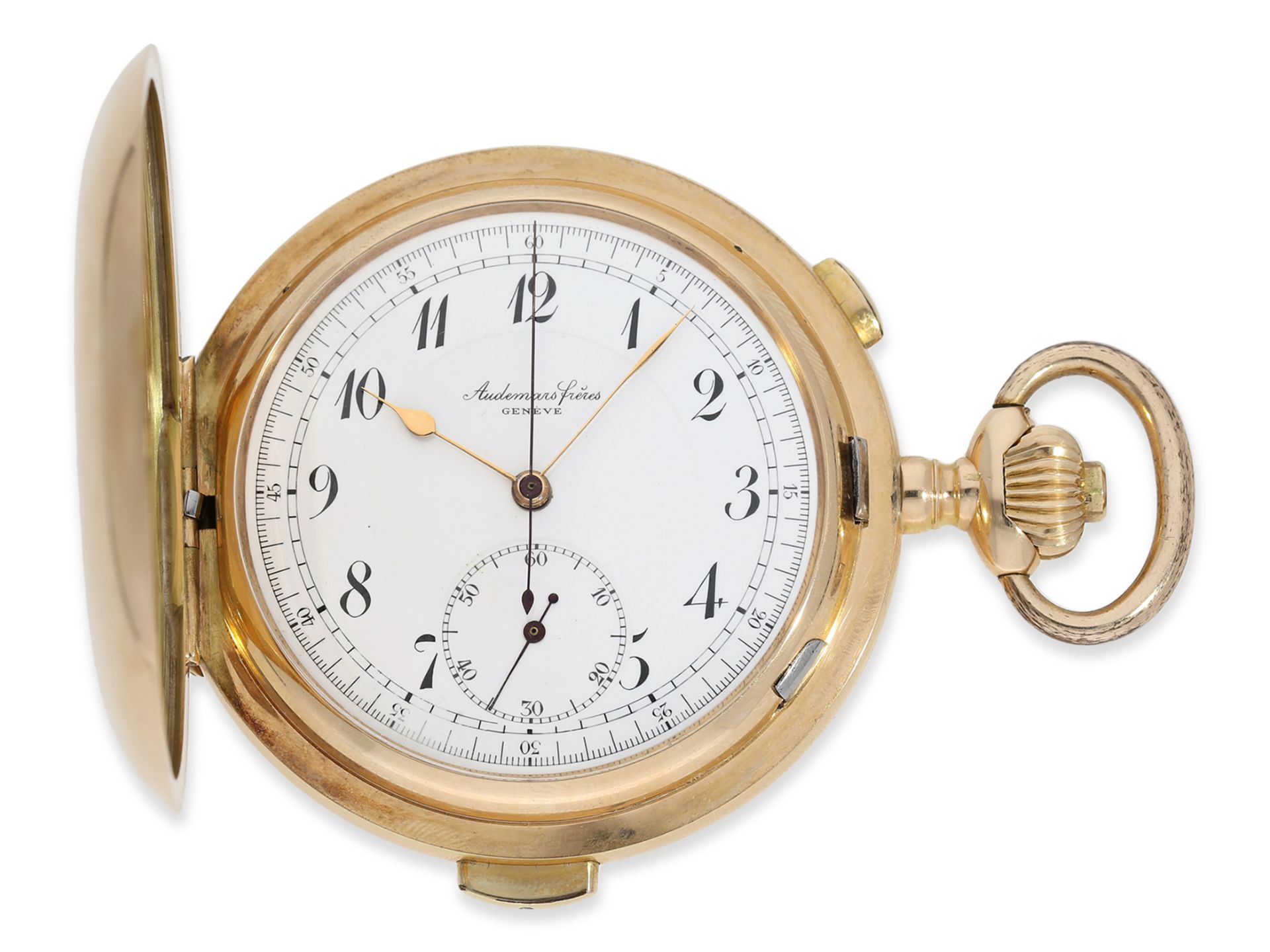 Taschenuhr: imposante Goldsavonnette mit Repetition und Chronograph, Audemars Freres Geneve No.29646