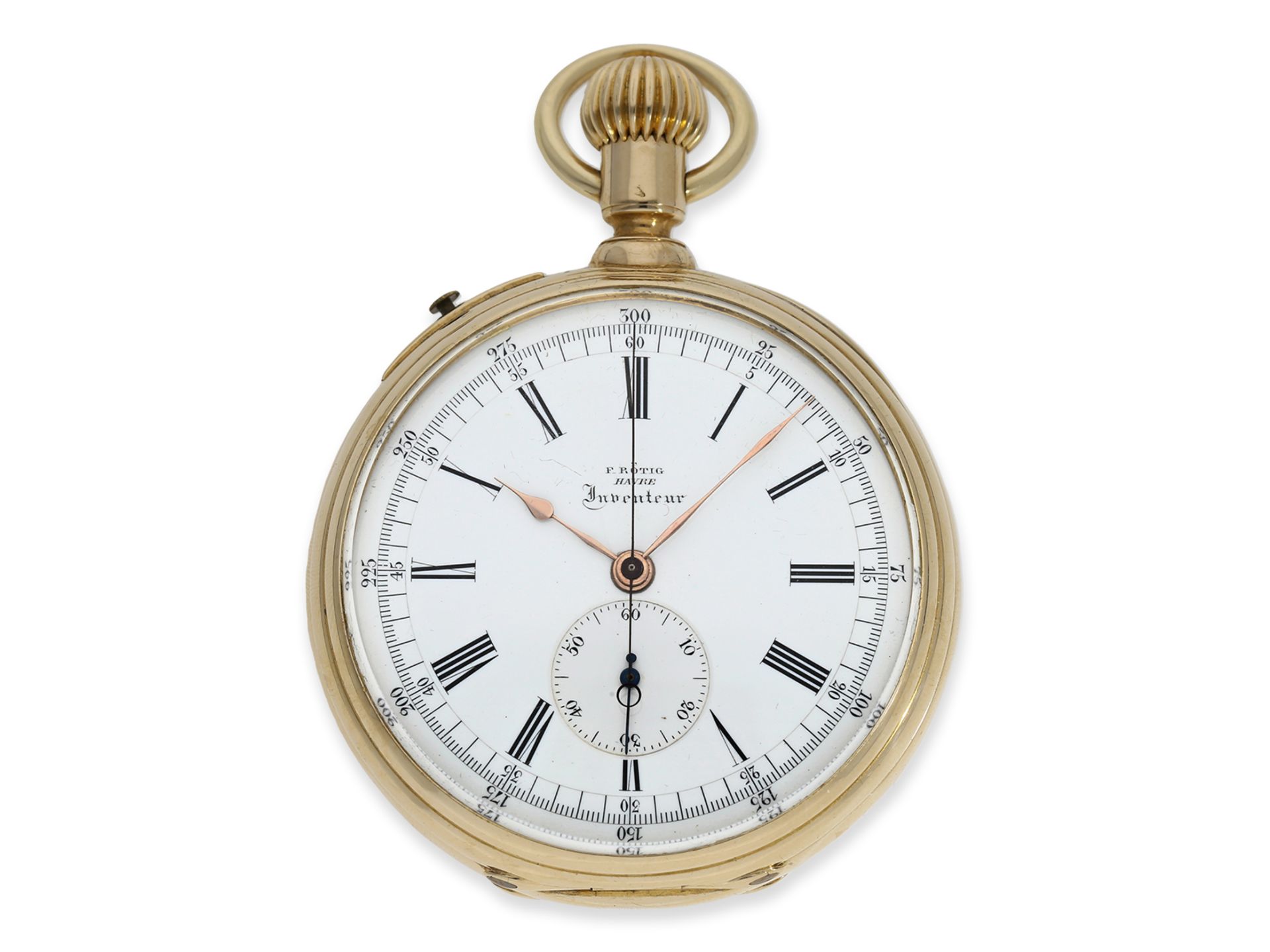 Taschenuhr: extrem seltener, experimenteller Chronograph, Chronometermacher F. Rötig Havre "Inventeu