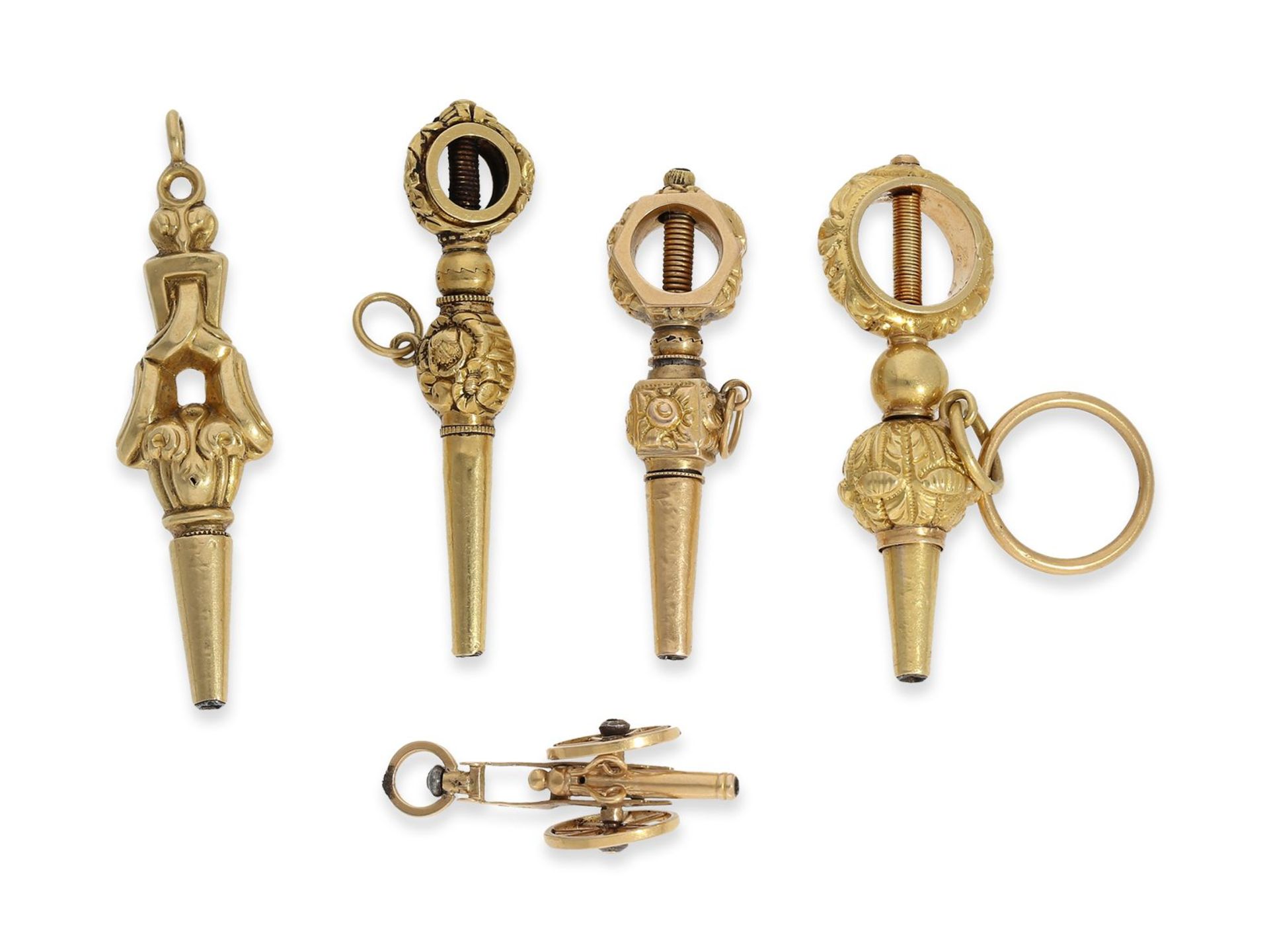 Uhrenschlüssel: 5 seltene goldene Spindeluhrenschlüssel, 18.Jh. und frühes 19.Jh. - Bild 2 aus 2