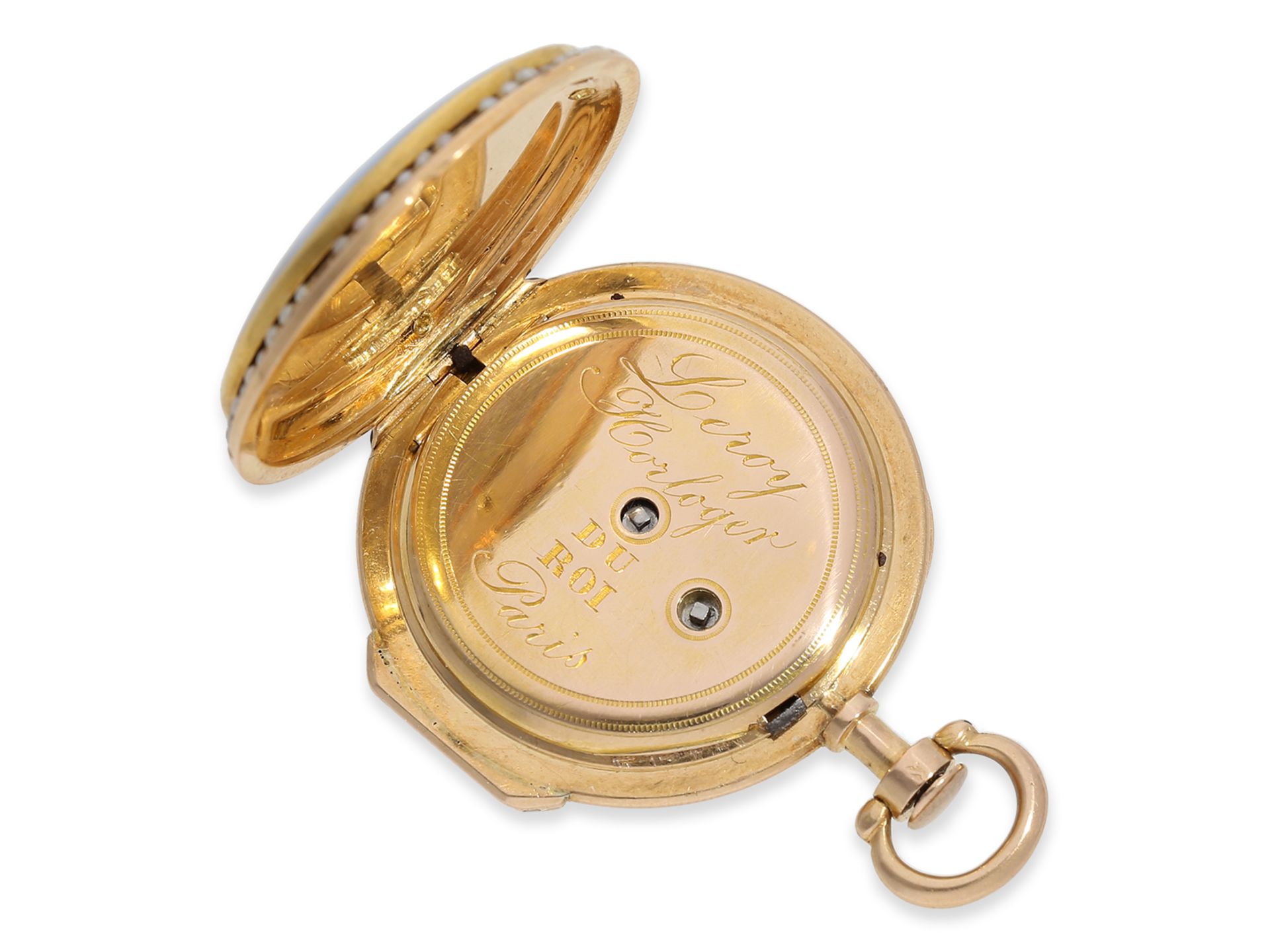 Taschenuhr: exquisite "Louis XV" Gold/Emaille-Spindeluhr mit Perlenbesatz, fantastische Qualität, kö - Bild 4 aus 6