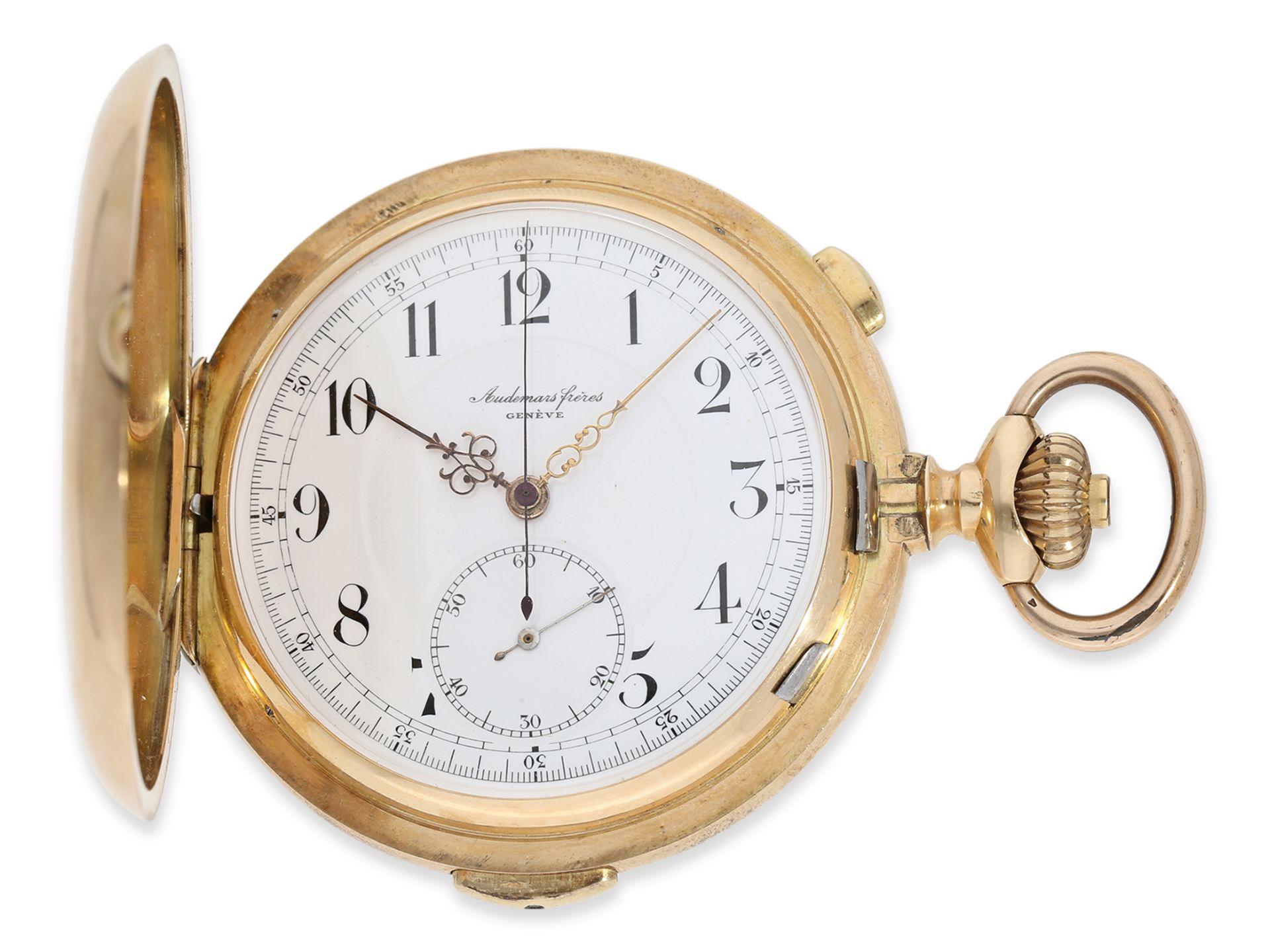 Pocket watch: impressive gold hunting case watch with repeater and chronograph, Audemars Freres Gene