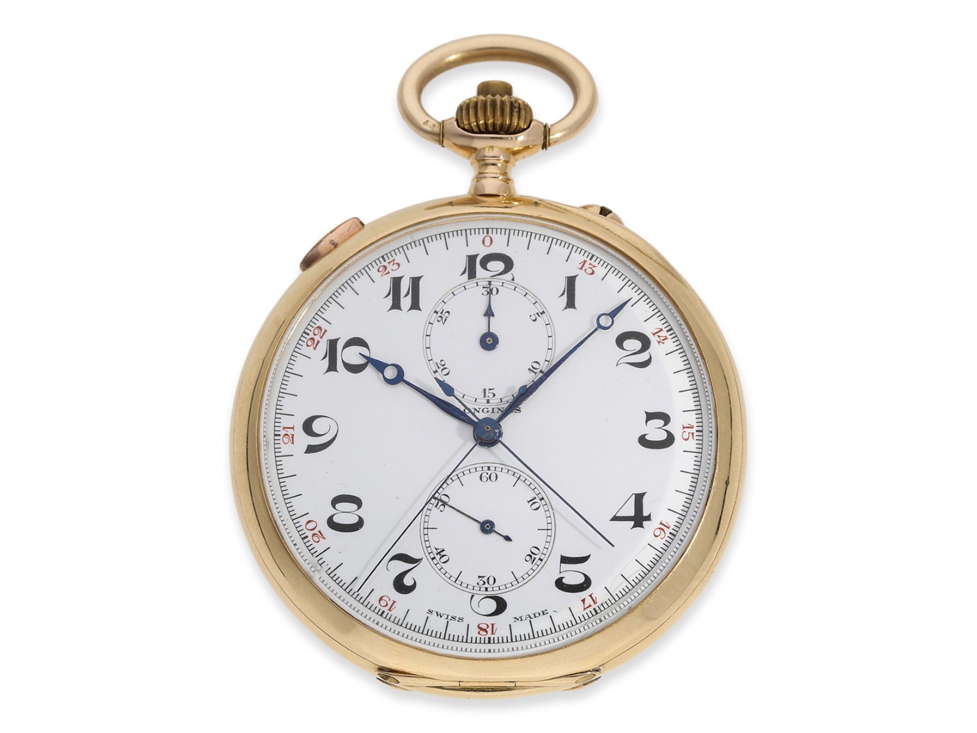 Taschenuhr: außergewöhnlich großer, hochwertiger Longines Chronograph Rattrapante mit Zähler, ca.192