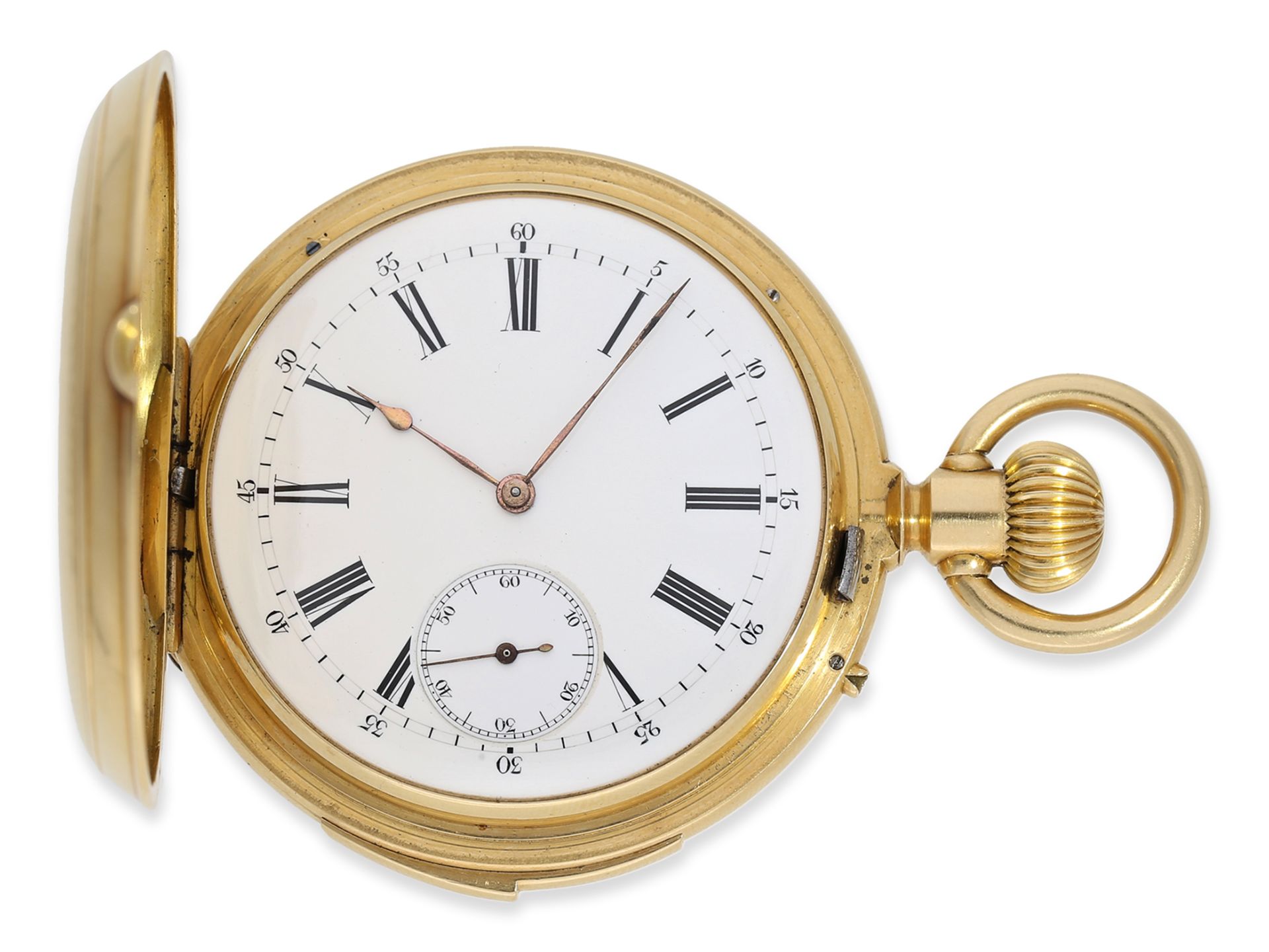 Taschenuhr: 18K Goldsavonnette mit Repetition, hervorragender Erhaltungszustand, signiert Pateck et 