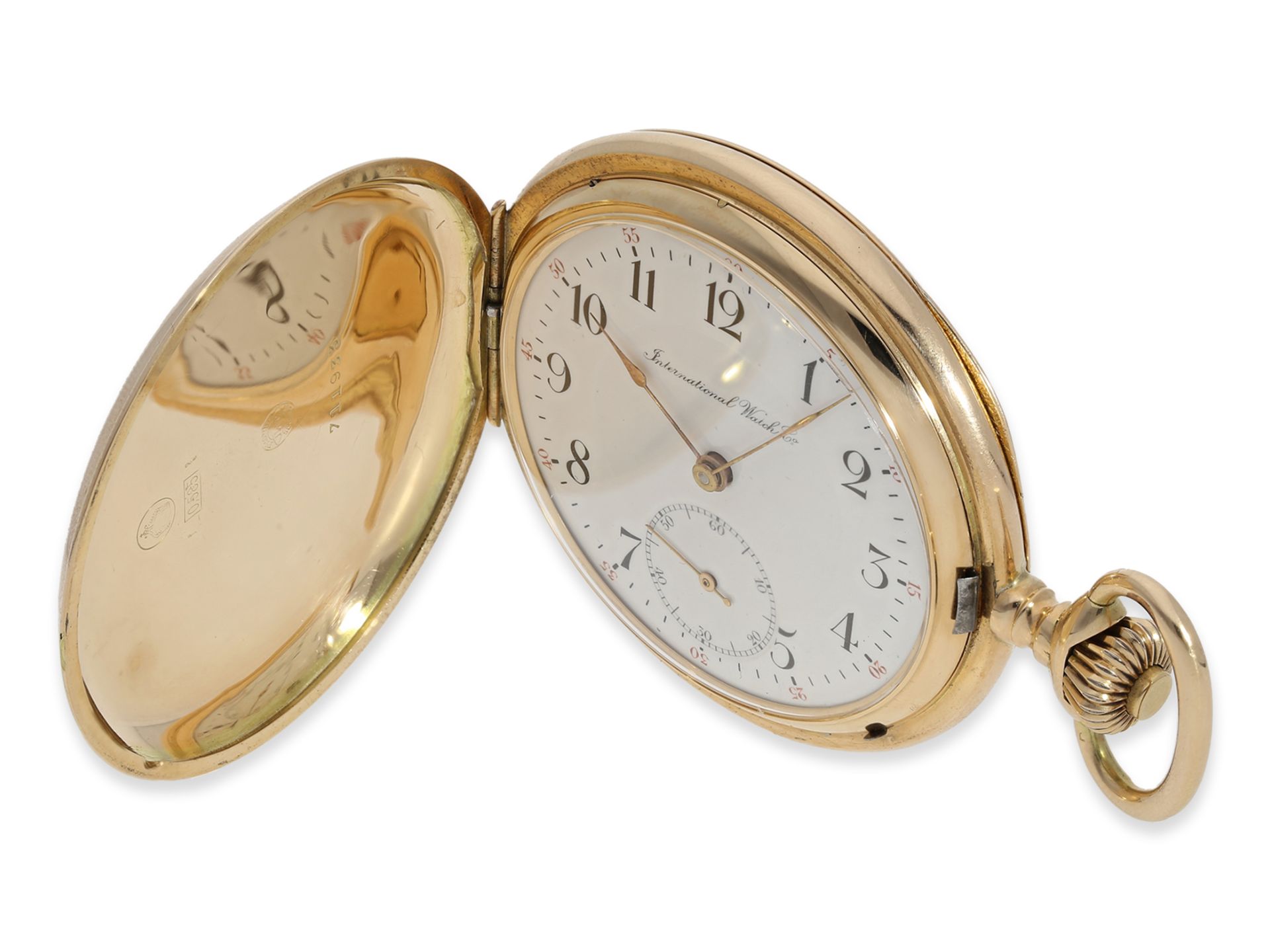 Taschenuhr: sehr gut erhaltene, rotgoldene Savonnette, IWC Schaffhausen, ca. 1915 - Bild 6 aus 10