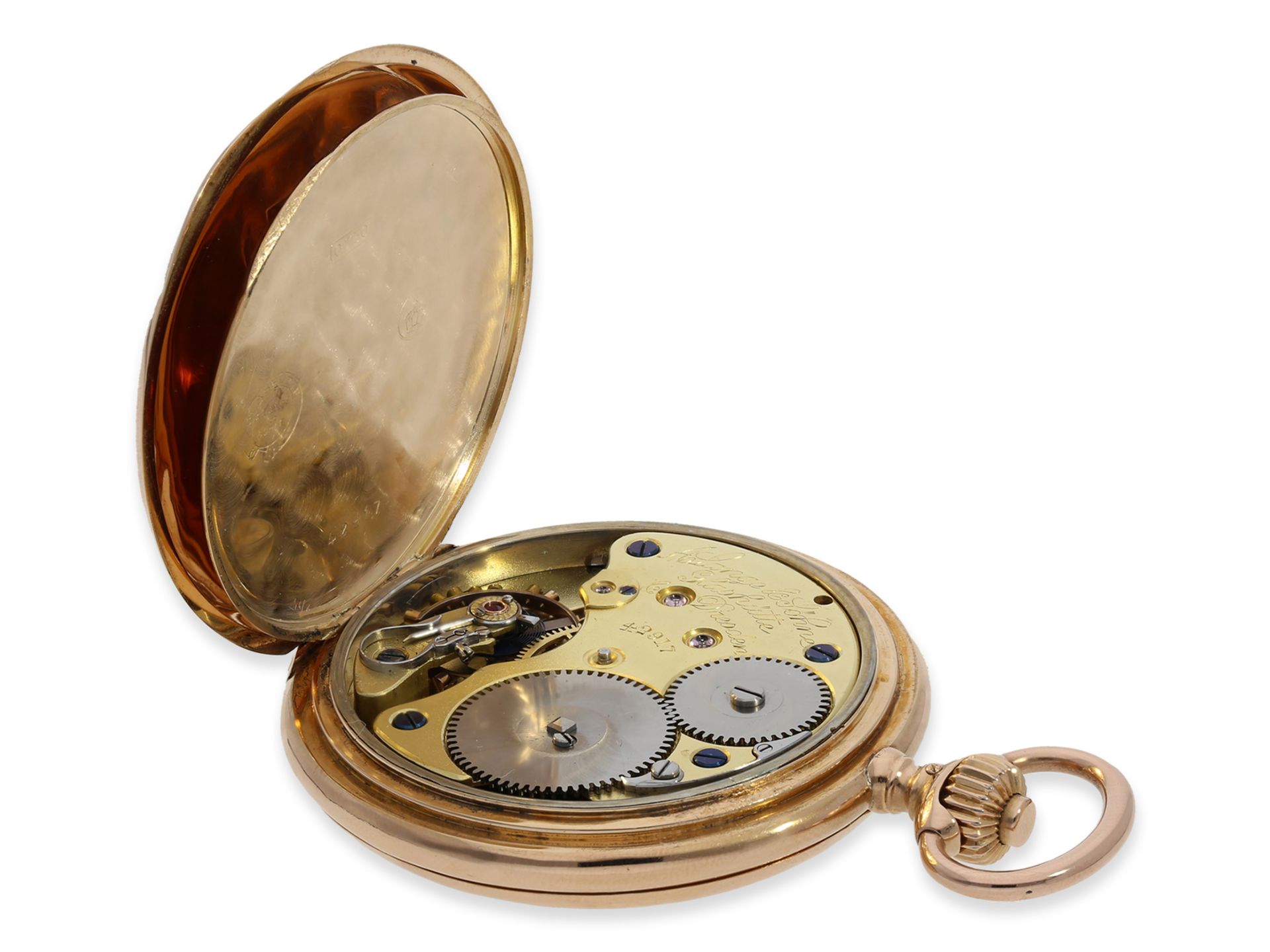 Taschenuhr: rotgoldene Glashütter Savonnette mit hochwertiger rotgoldener Uhrenkette, A. Lange & Söh - Bild 3 aus 10