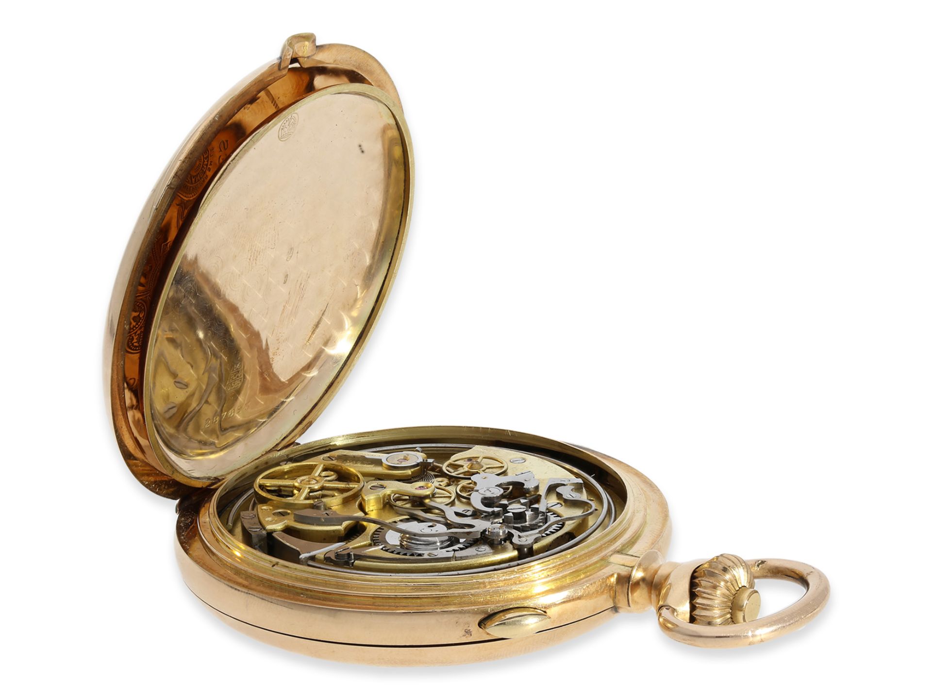 Pocket watch: impressive gold hunting case watch with repeater and chronograph, Audemars Freres Gene - Image 4 of 8
