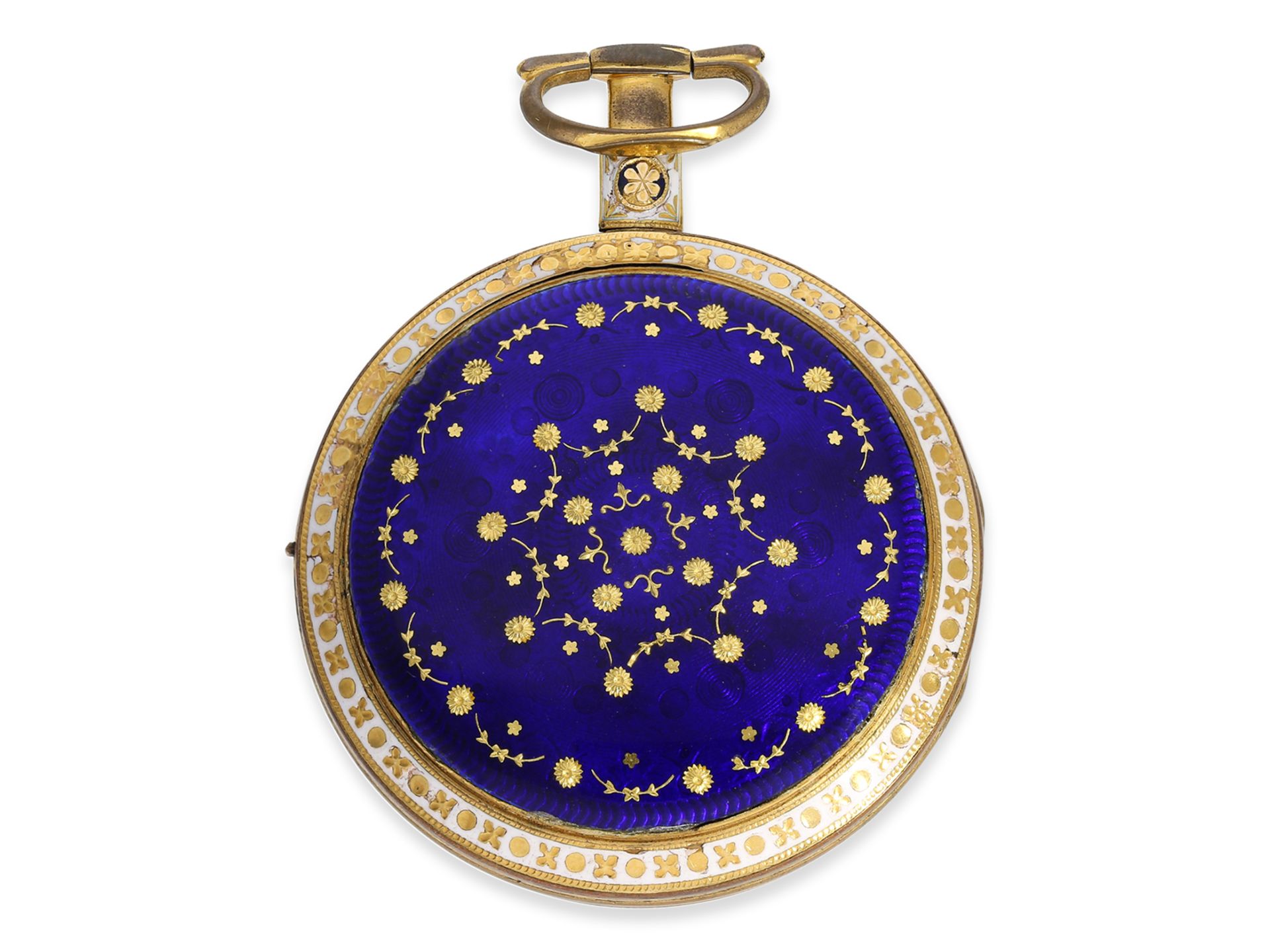 Taschenuhr: äußerst attraktive, große englische Spindeluhr mit Emaille-Gehäuse, ca. 1810