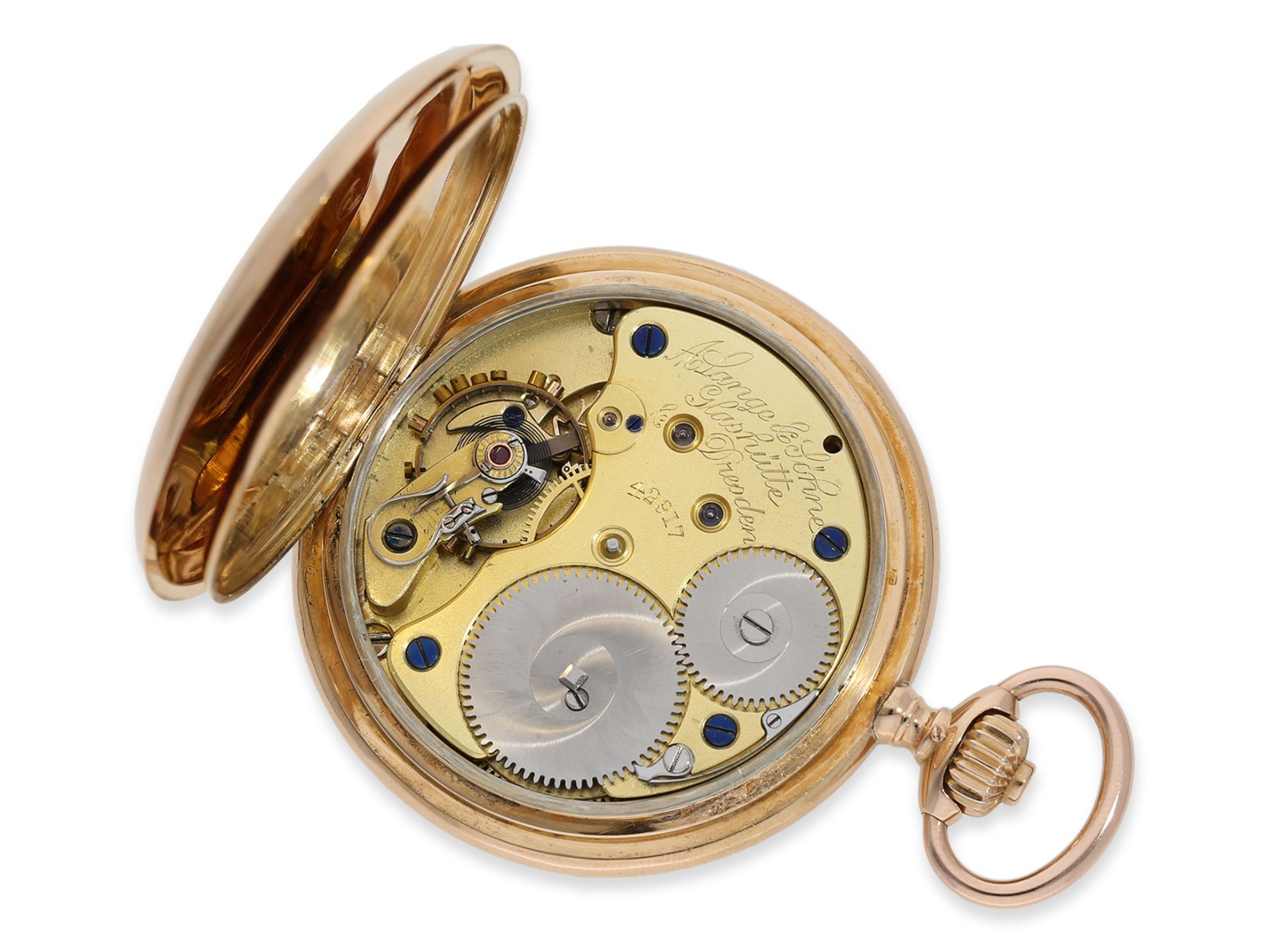 Taschenuhr: rotgoldene Glashütter Savonnette mit hochwertiger rotgoldener Uhrenkette, A. Lange & Söh - Bild 2 aus 10