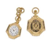 Taschenuhr/Formuhr: prächtige Gold/Emaille-Formuhr/Anhängeuhr mit goldener Miniatur-Chatelaine, Vach