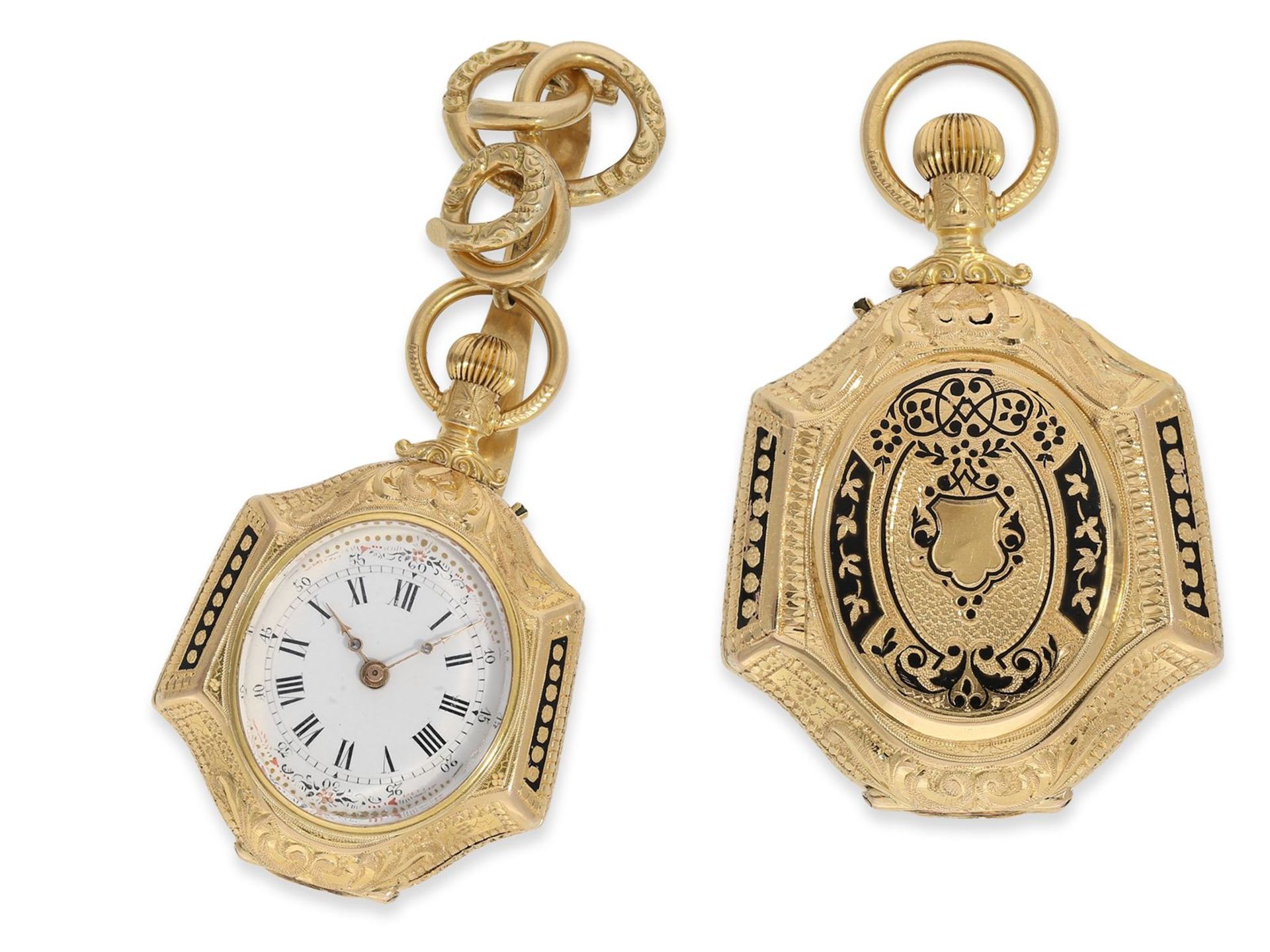 Taschenuhr/Formuhr: prächtige Gold/Emaille-Formuhr/Anhängeuhr mit goldener Miniatur-Chatelaine, Vach