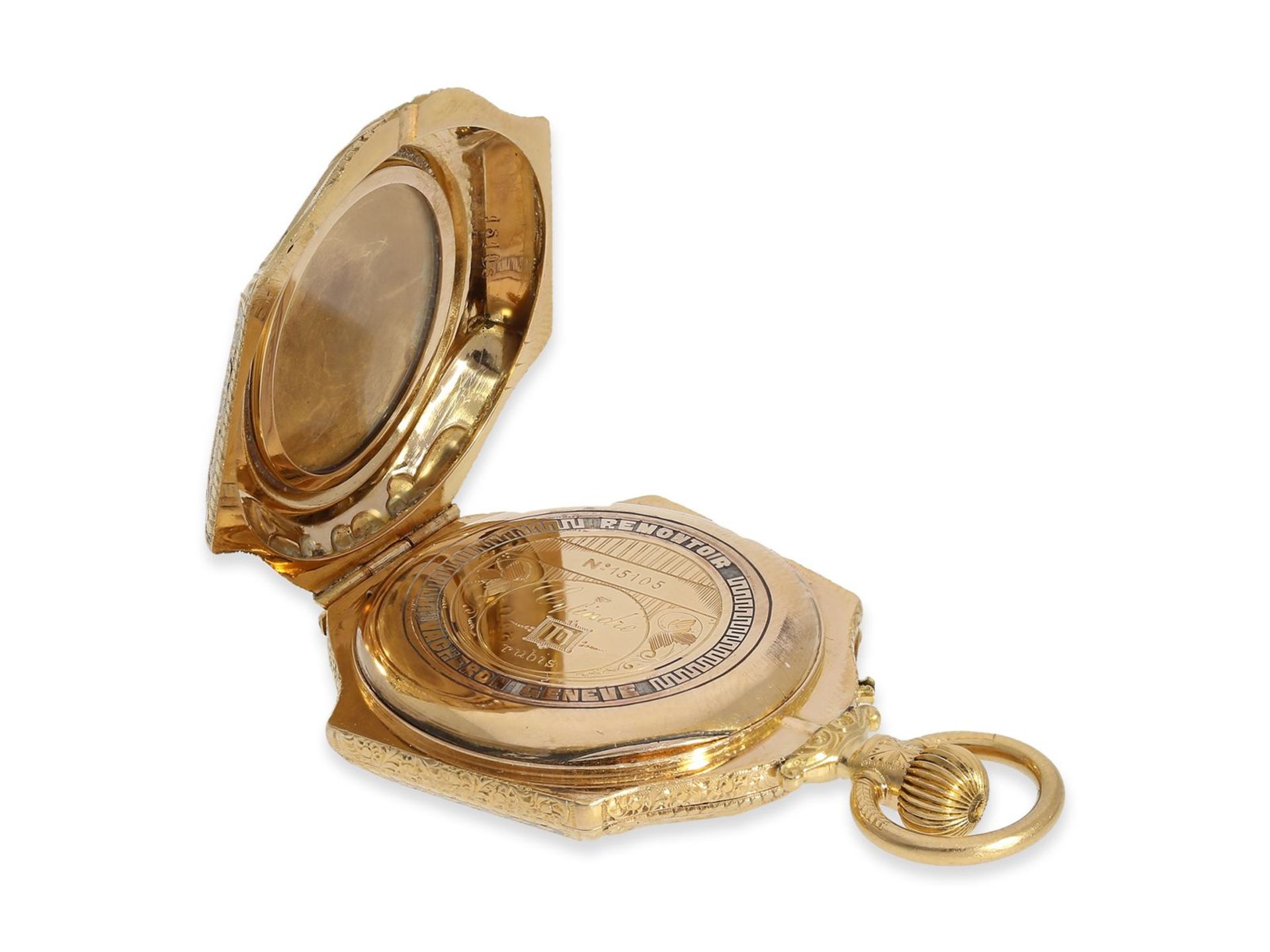 Taschenuhr/Formuhr: prächtige Gold/Emaille-Formuhr/Anhängeuhr mit goldener Miniatur-Chatelaine, Vach - Bild 7 aus 8