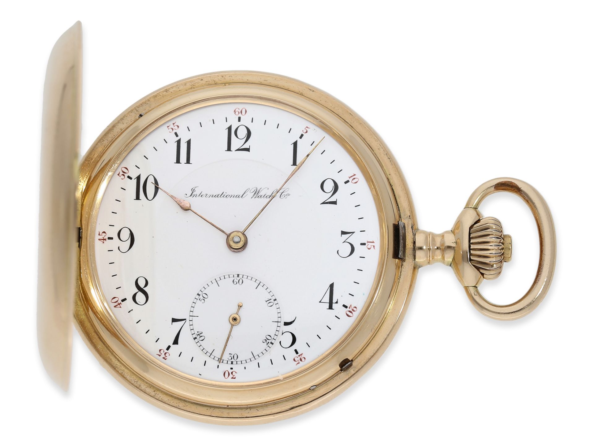 Taschenuhr: sehr gut erhaltene, rotgoldene Savonnette, IWC Schaffhausen, ca. 1915